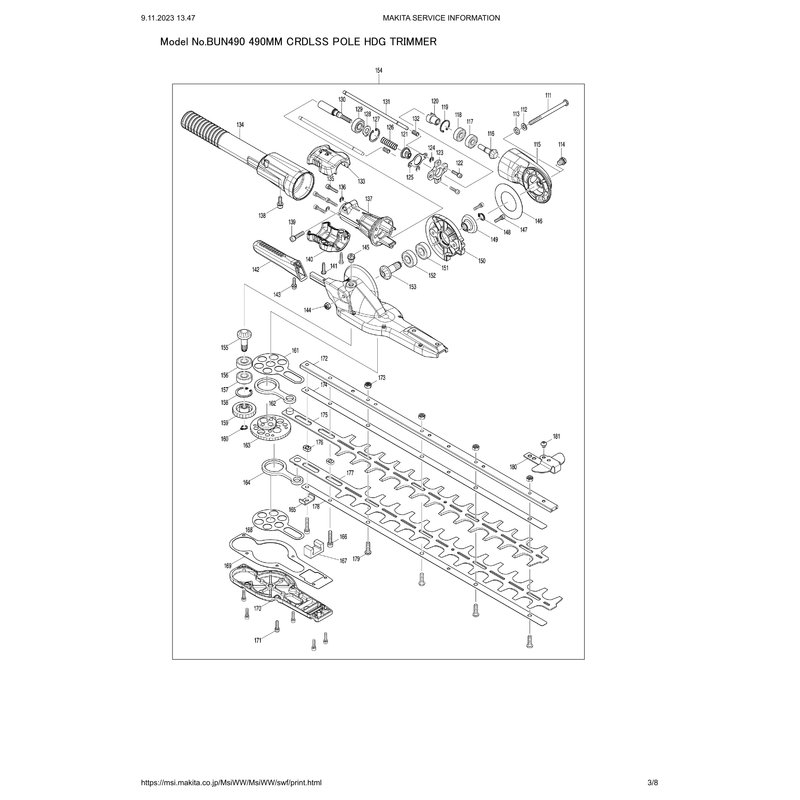 Makita BUN490 — сборочный чертёж, лист 3, деталь 126293-2 поз. 154-1