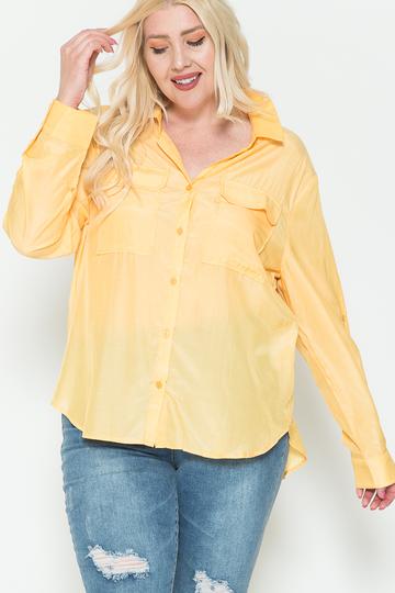 Plus Size Chest Pocket Oversized Satin Shirt