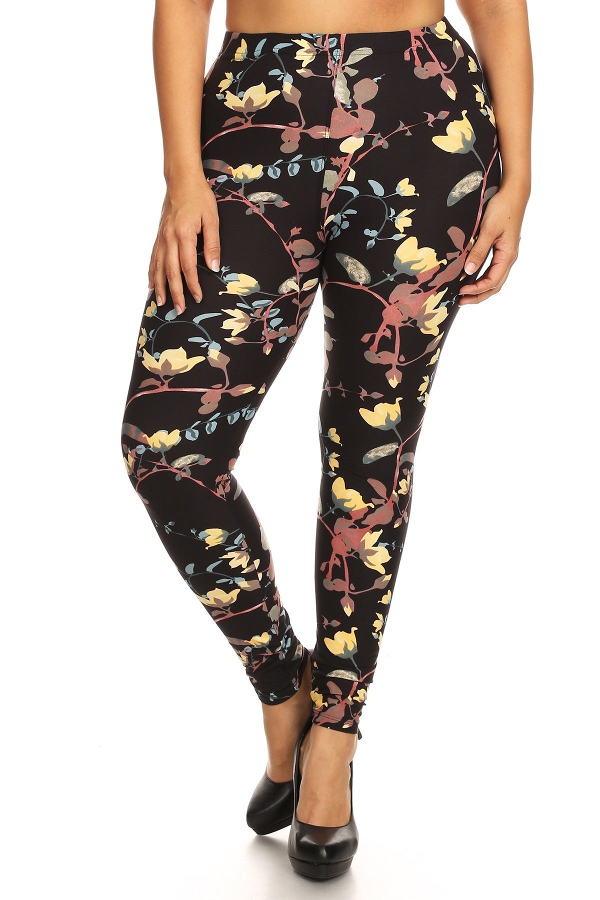 Plus Size Floral Print, Full Length Leggings In A Slim Fitting Style With A Banded High Waist