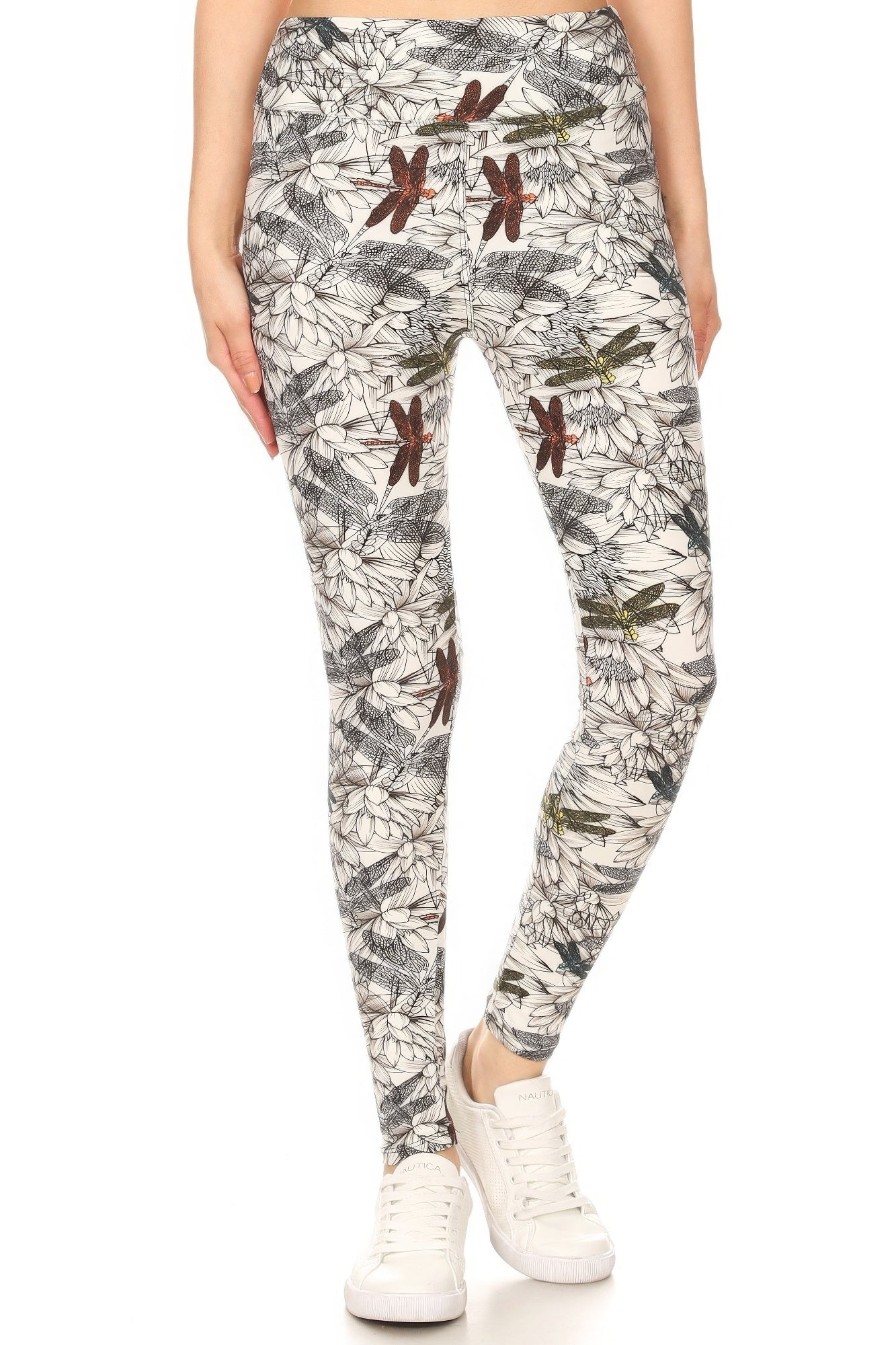 Yoga Style Banded Lined Dragonfly Print, Full Length Leggings In A Slim Fitting Style With A Banded High Waist