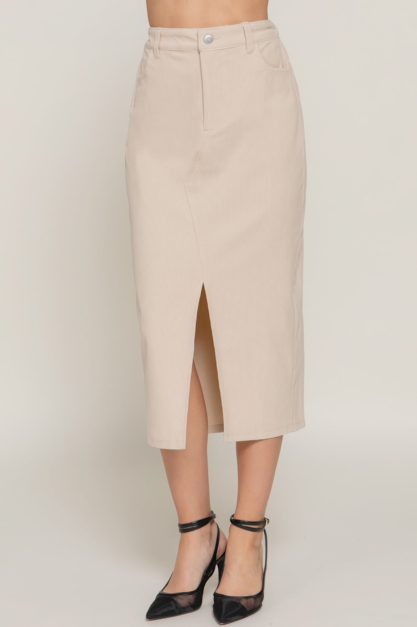 Front Open Slit Corduroy Midi Skirt