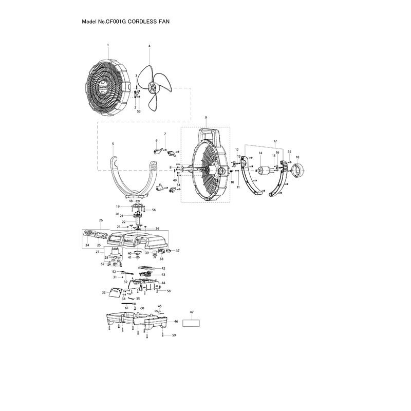 Makita CF001G — сборочный чертёж, лист 1, деталь TE00000445 поз. 001