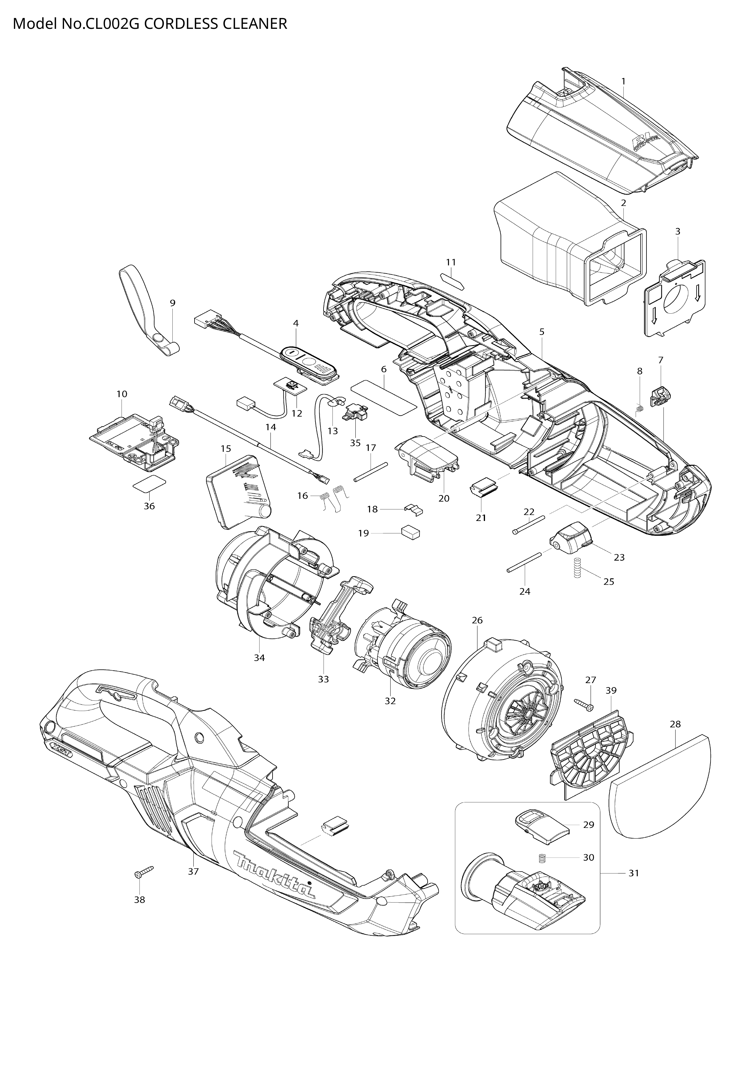 Makita CL002G — сборочный чертёж, лист 1, деталь 459353-8 поз. A04
