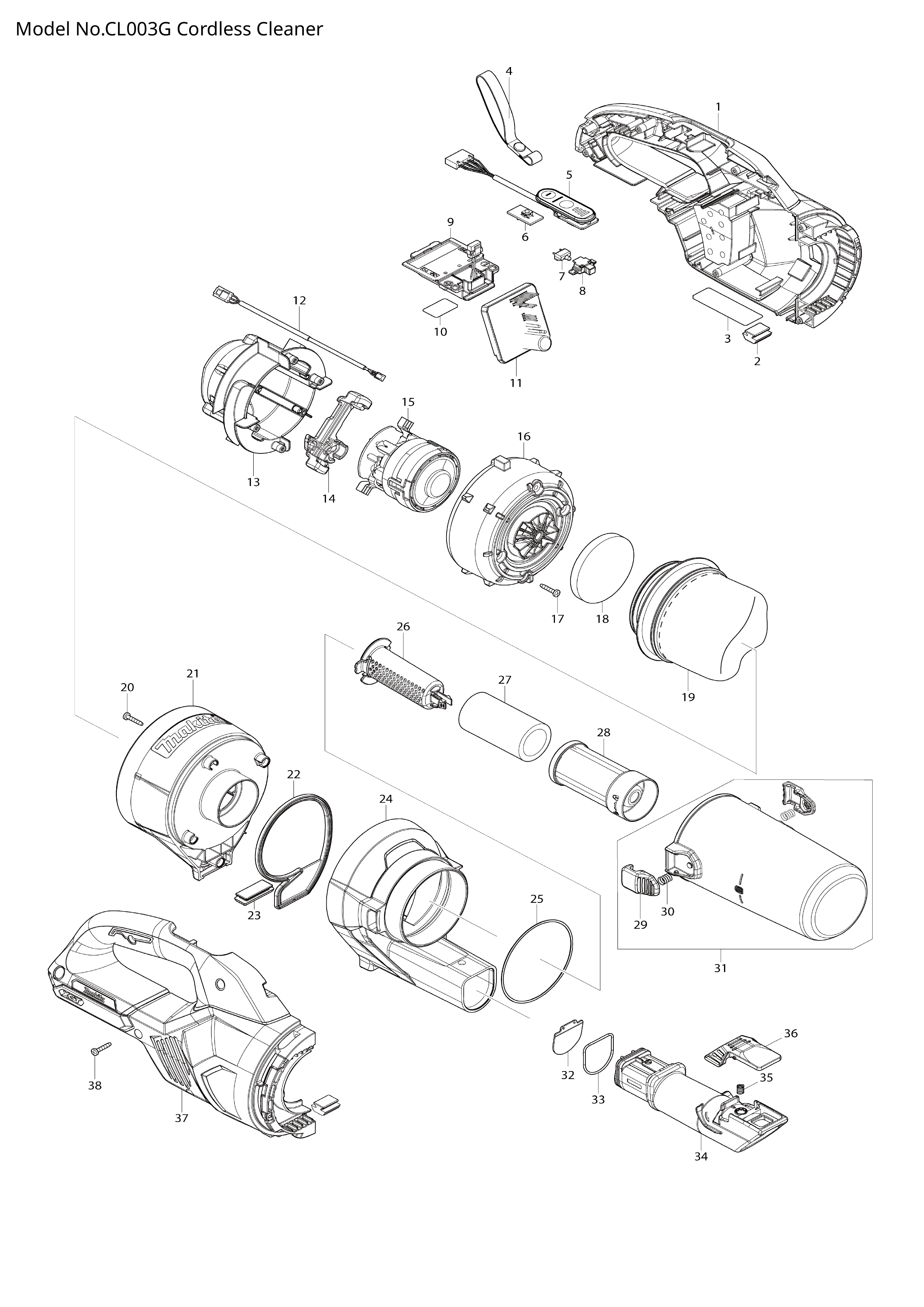 Makita CL003G — сборочный чертёж, лист 1, деталь 213837-8 поз. 033