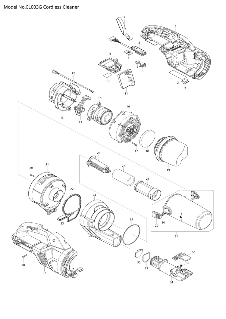 Makita CL003G — сборочный чертёж, лист 1, деталь 213837-8 поз. 033