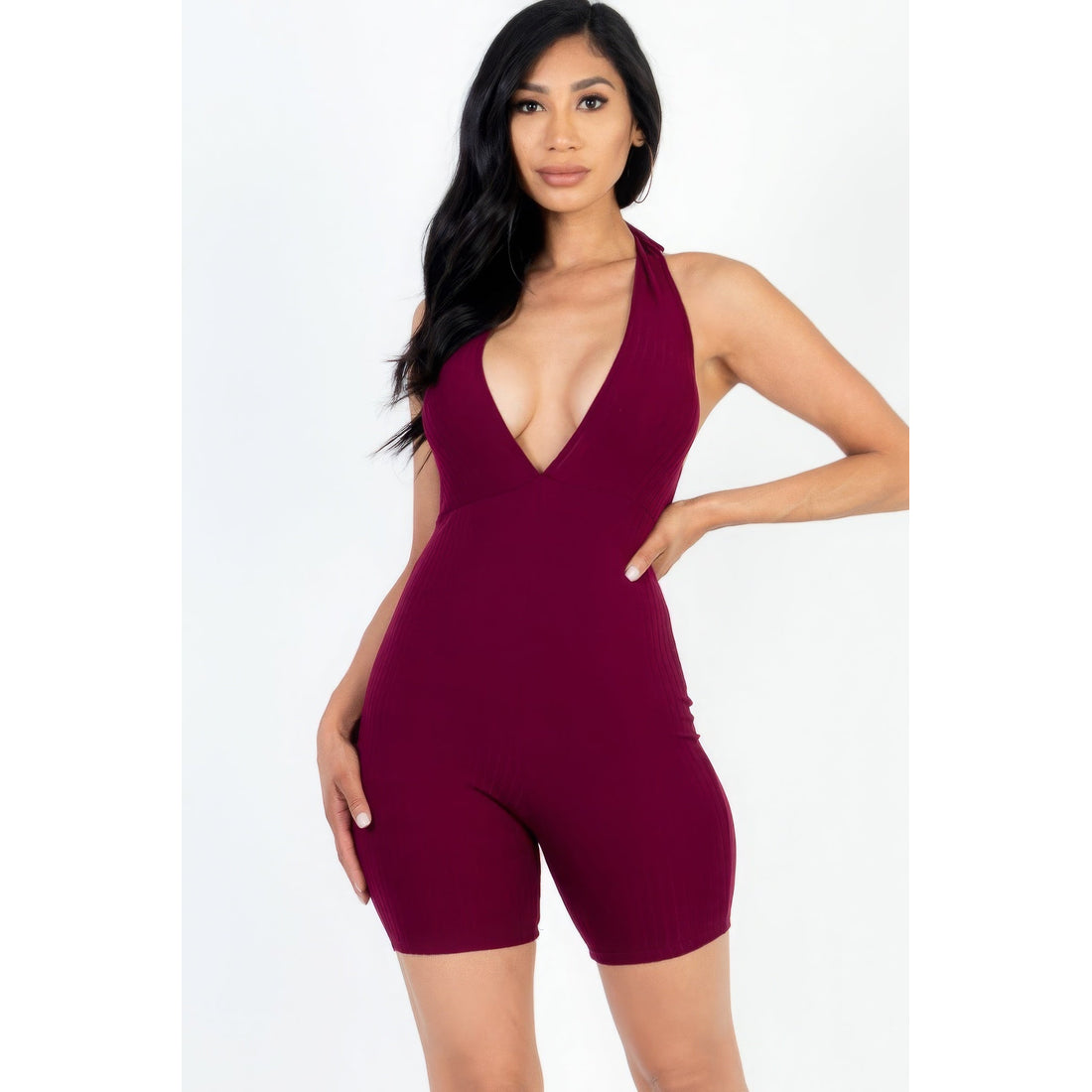 Casual Solid Halter V Neck Ribbed Bodycon Romper