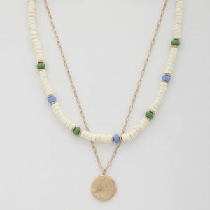 Coin Wood Bead Layered Necklace