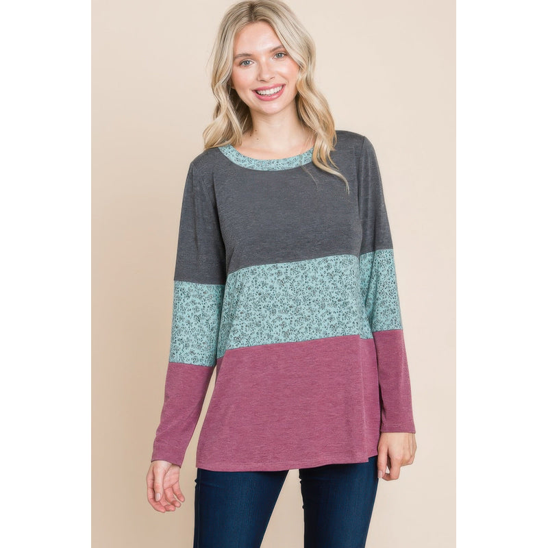Colorblock Floral Contrast Long Sleeve Top
