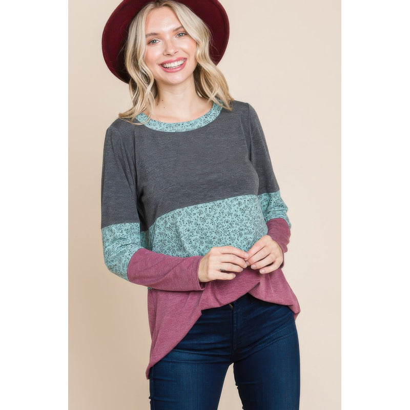 Colorblock Floral Contrast Long Sleeve Top
