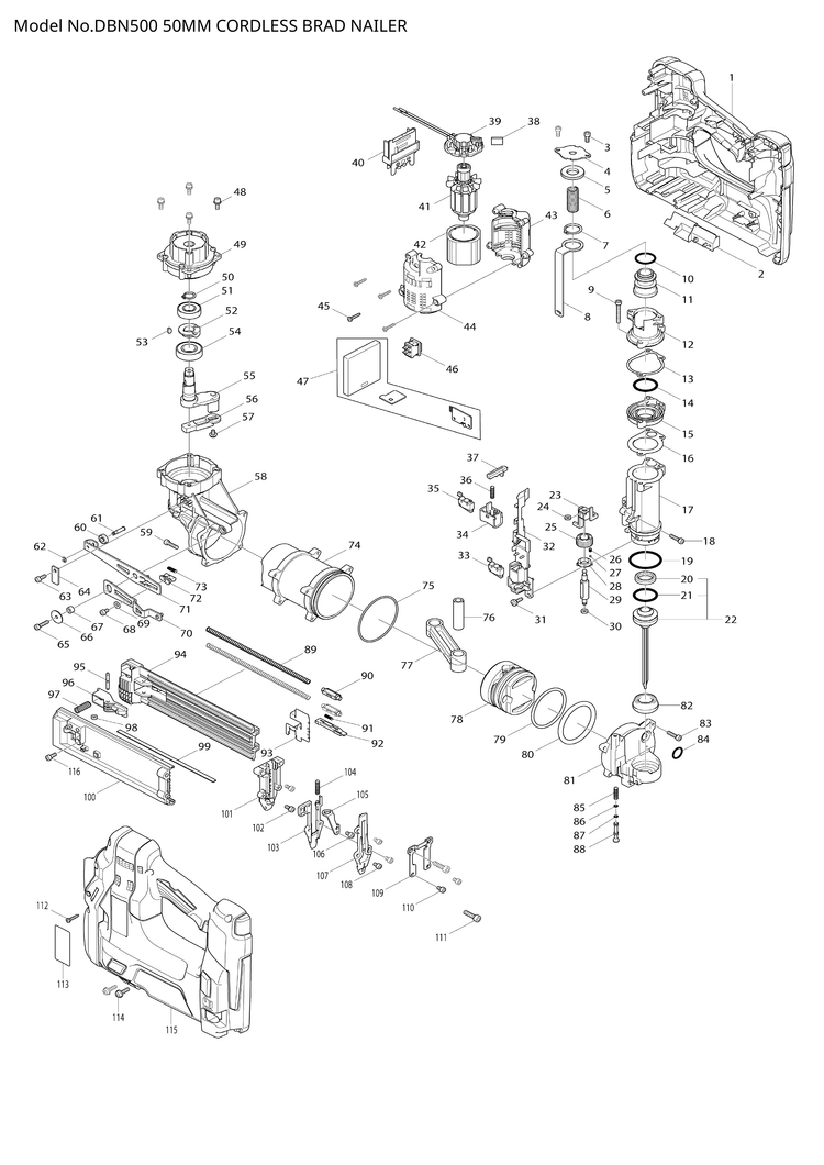 Makita DBN500 — сборочный чертёж, лист 1, деталь 619339-6 поз. 041