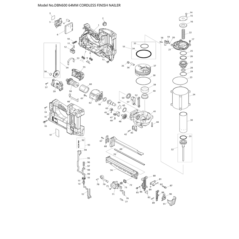 Makita DBN600 — сборочный чертёж, лист 1, деталь 619456-2 поз. 058