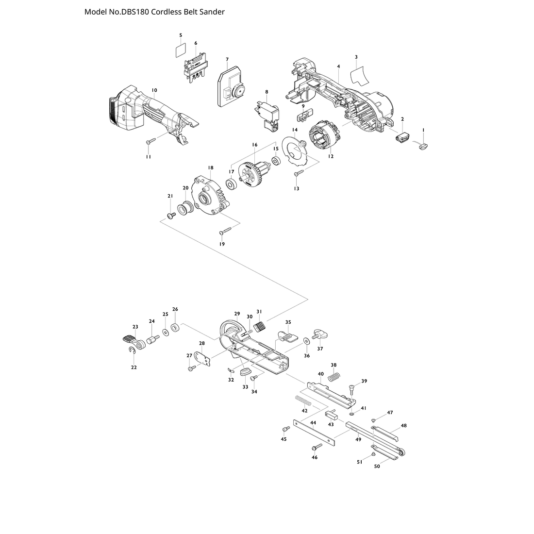 Makita DBS180 — сборочный чертёж, лист 1, деталь 140U96-6 поз. 029