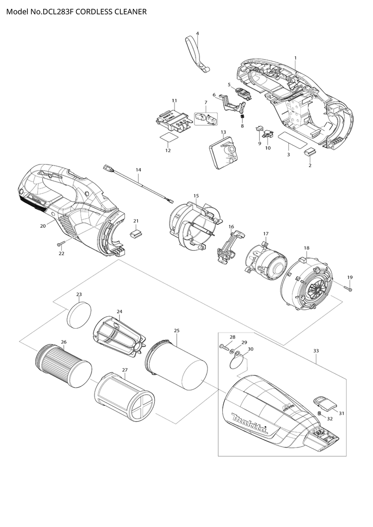 Makita DCL283F — сборочный чертёж, лист 1, деталь 183Y61-6 поз. 001A