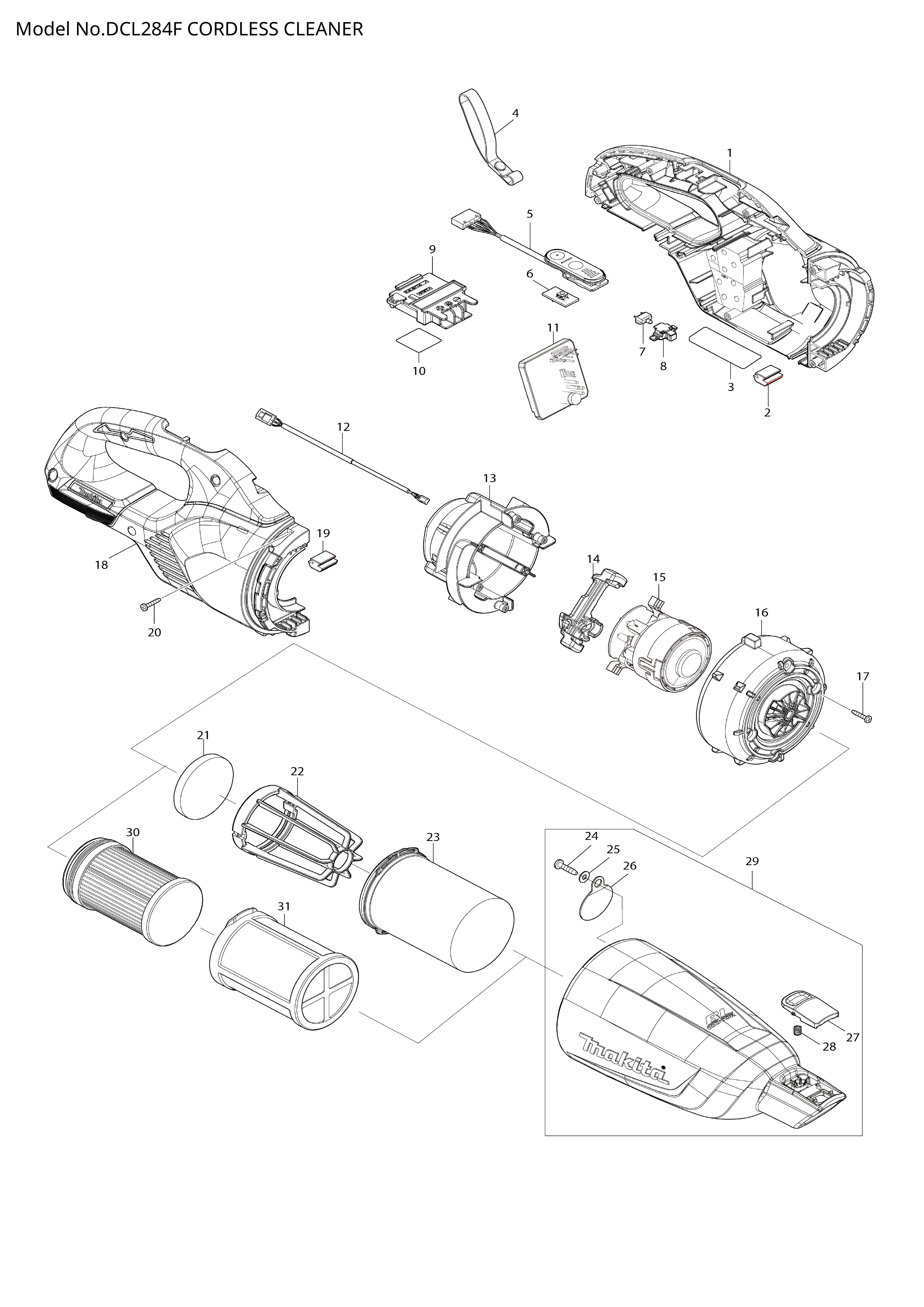 Makita DCL284F — сборочный чертёж, лист 1, деталь 136965-1 поз. 029