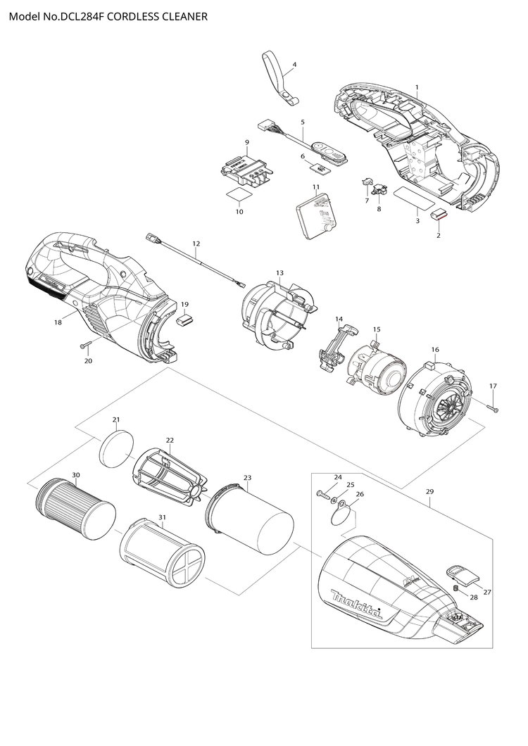 Makita DCL284F — сборочный чертёж, лист 1, деталь 183Y67-4 поз. 001
