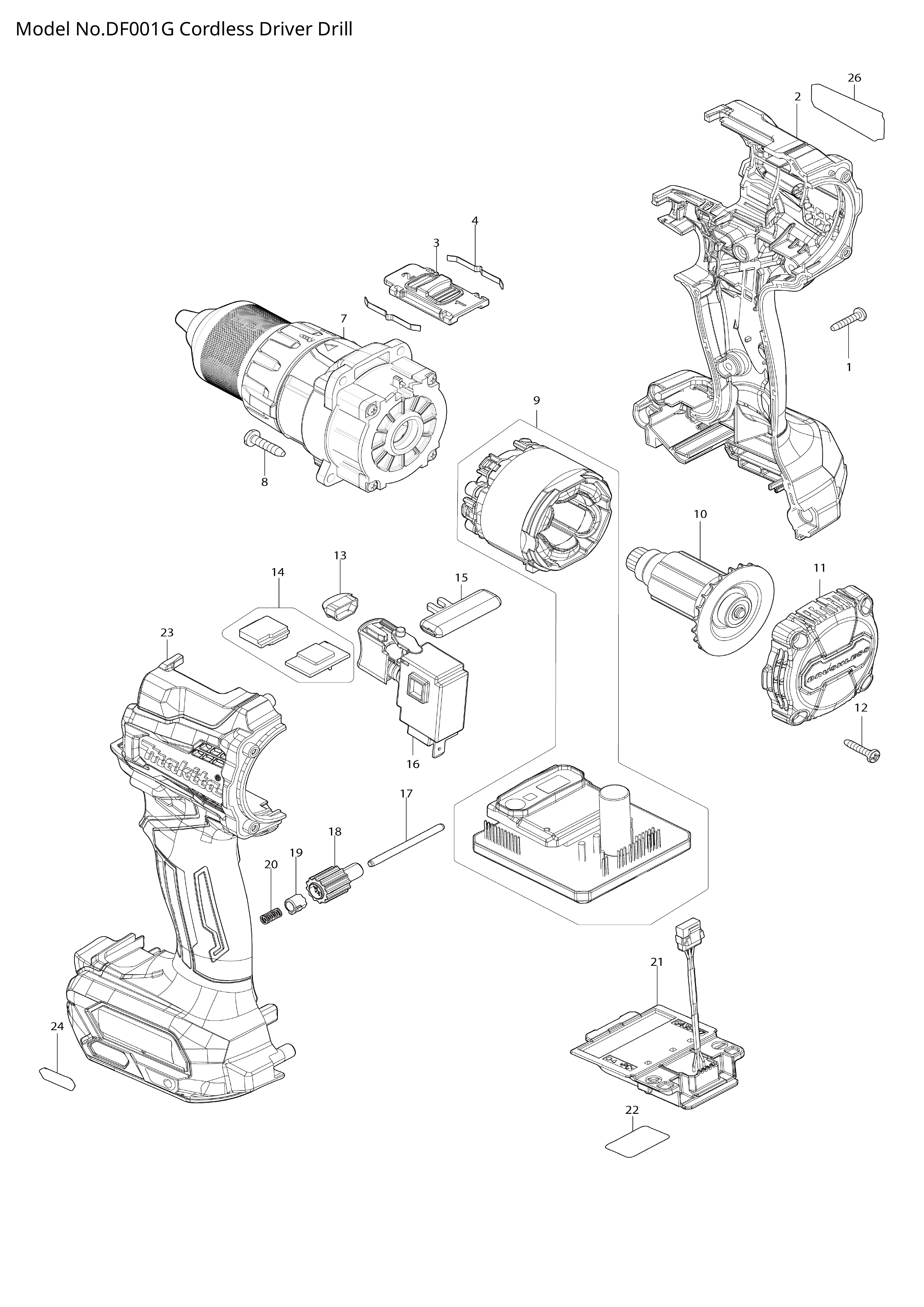 Makita DF001G — сборочный чертёж, лист 1, деталь 136406-7 поз. 007-2