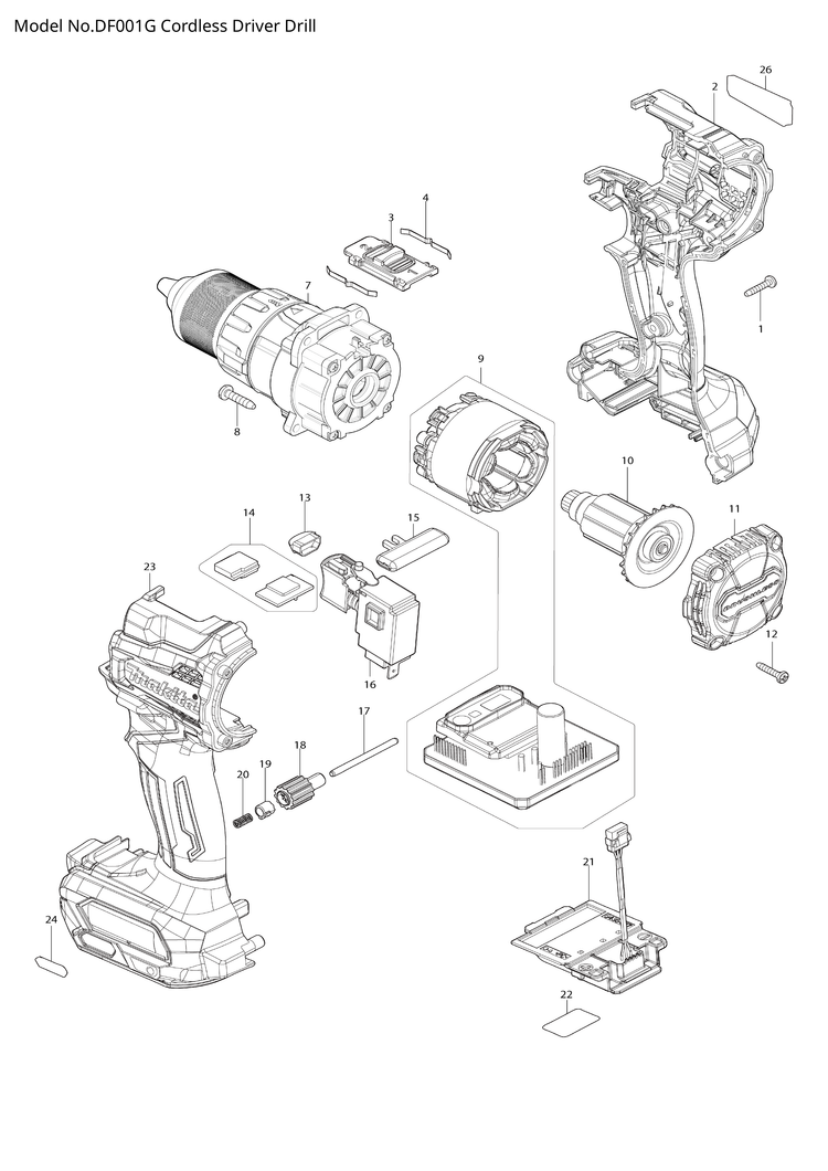Makita DF001G — сборочный чертёж, лист 1, деталь 136406-7 поз. 007-2