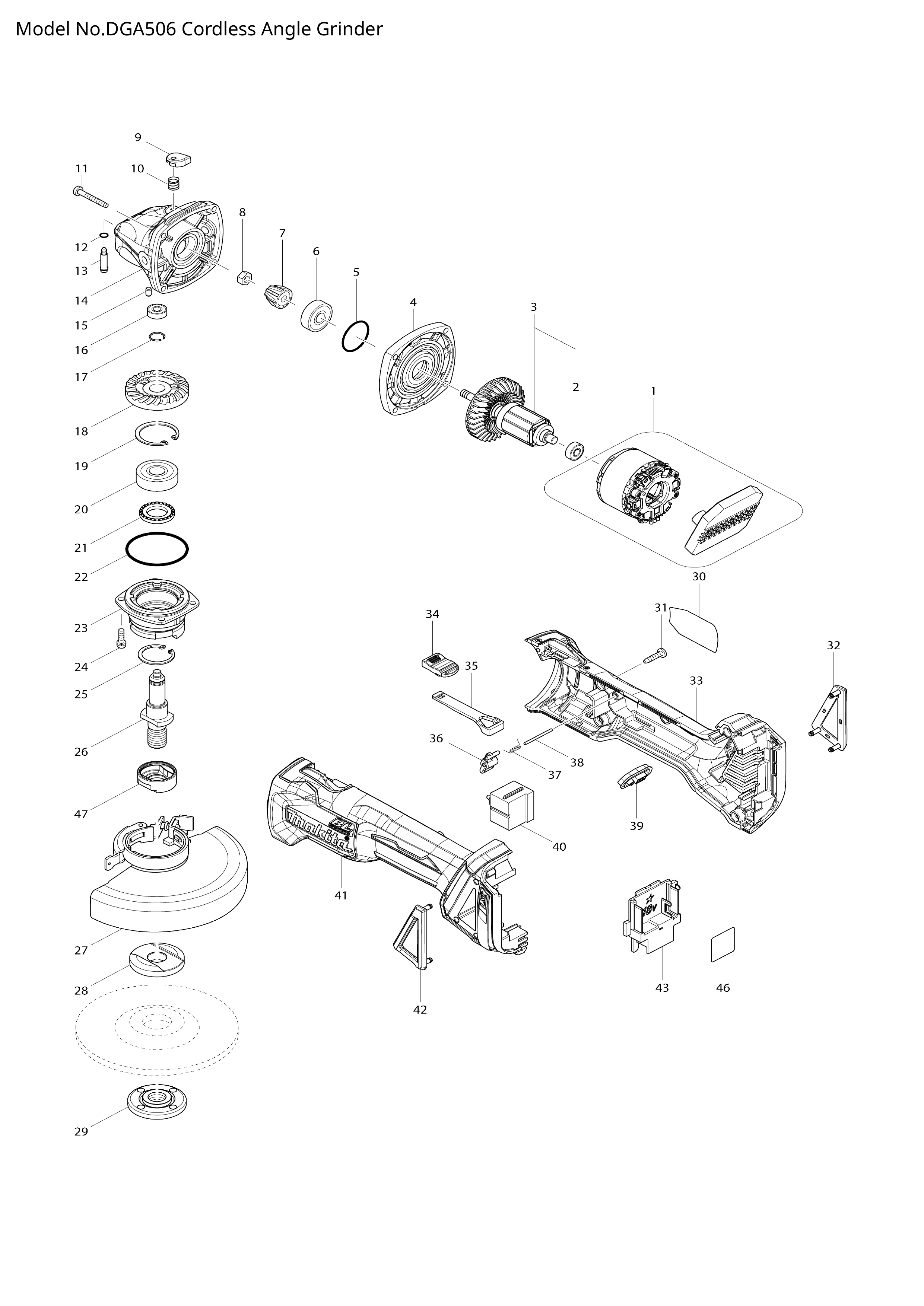 Makita DGA506 — сборочный чертёж, лист 1, деталь 620L30-3 поз. 048