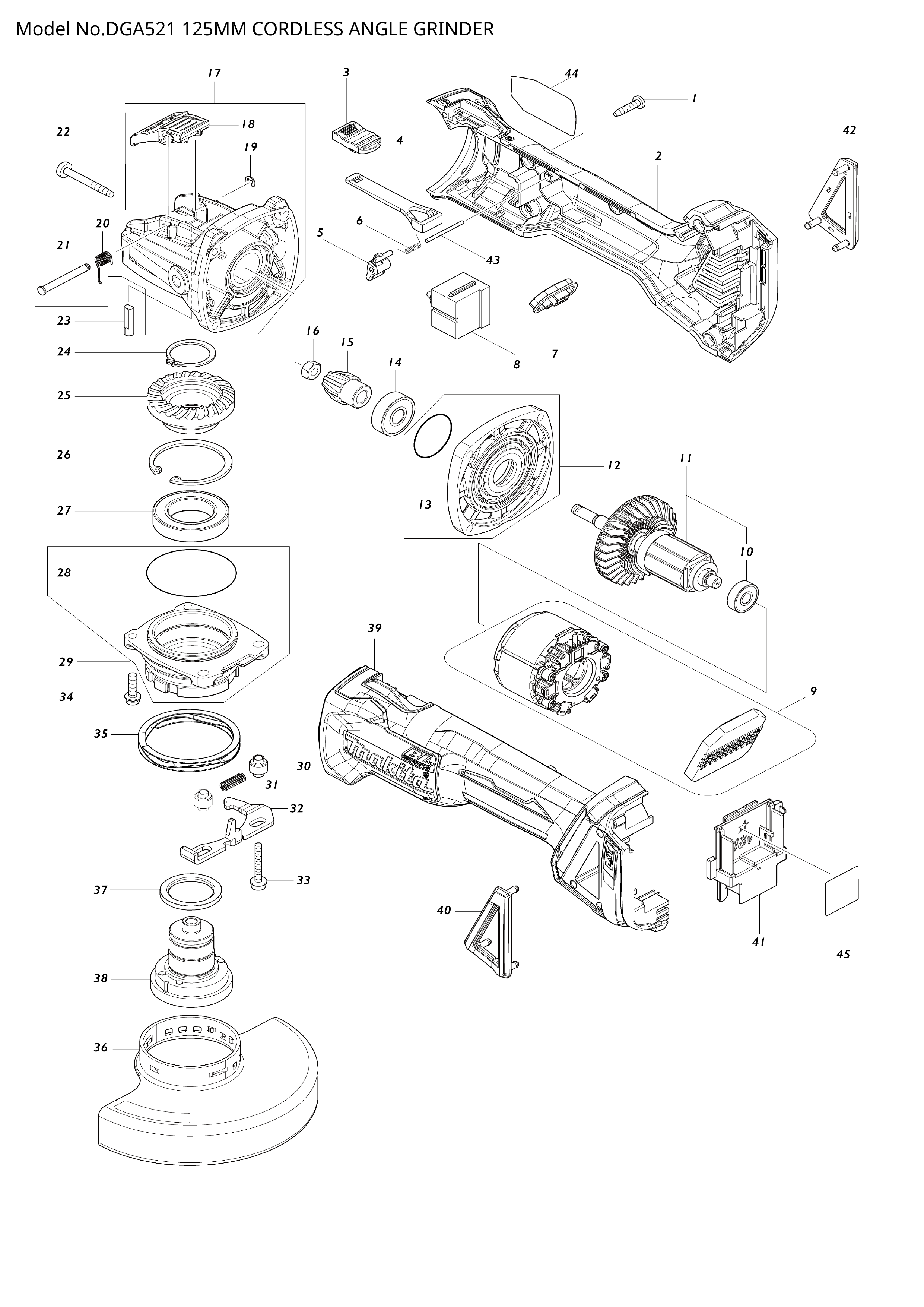 Makita DGA521 — сборочный чертёж, лист 1, деталь 629474-2 поз. 009