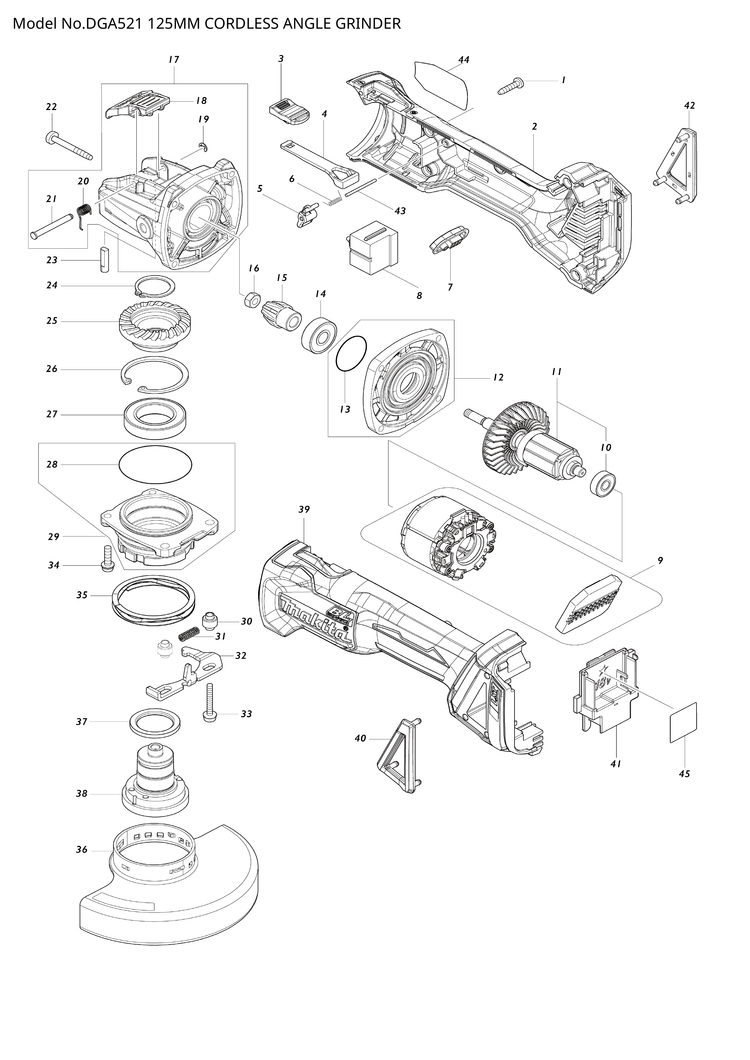 Makita DGA521 — сборочный чертёж, лист 1, деталь 629474-2 поз. 009