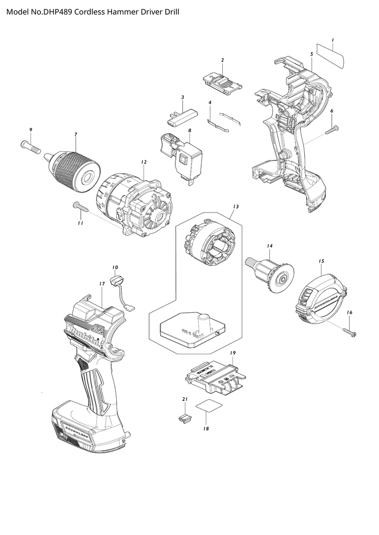 Makita DHP489 — сборочный чертёж, лист 1, деталь 629B98-6 поз. 013