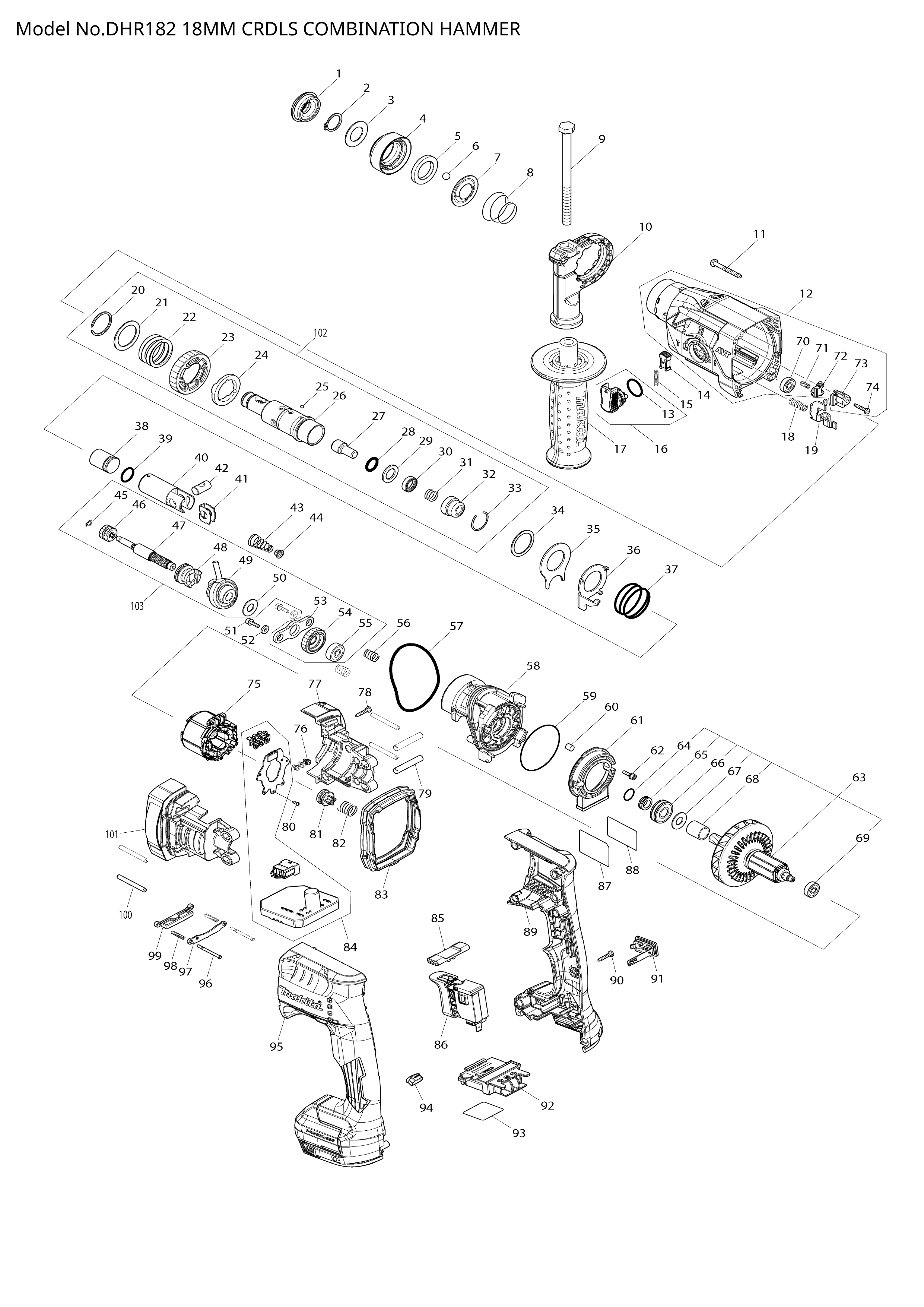 Makita DHR182 — сборочный чертёж, лист 1, деталь 651380-3 поз. 086