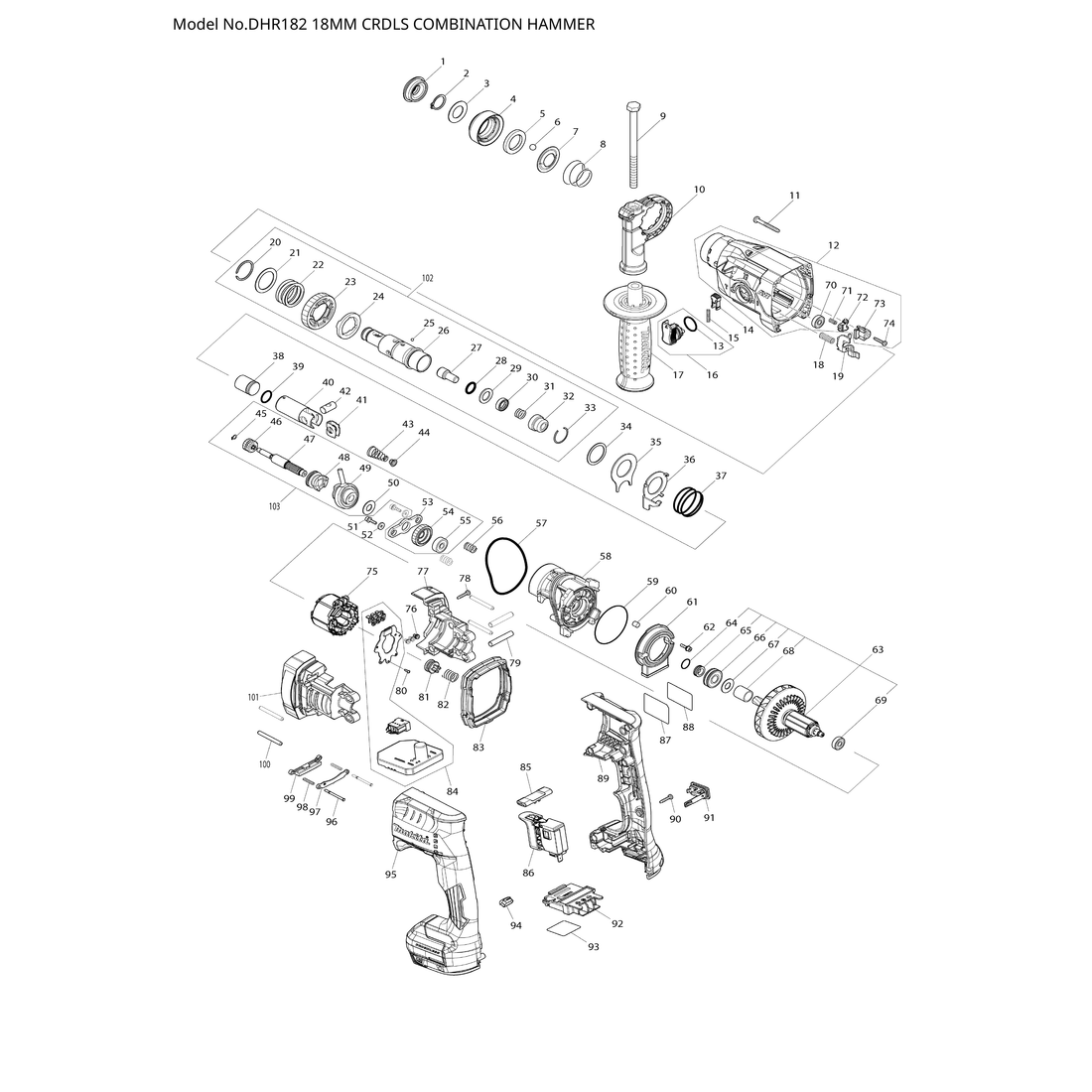 Makita DHR182 — сборочный чертёж, лист 1, деталь 651380-3 поз. 086