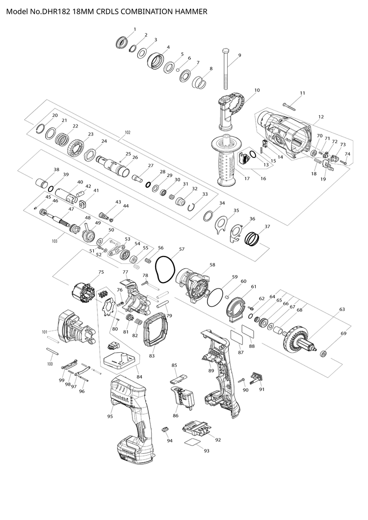 Makita DHR182 — сборочный чертёж, лист 1, деталь 651380-3 поз. 086