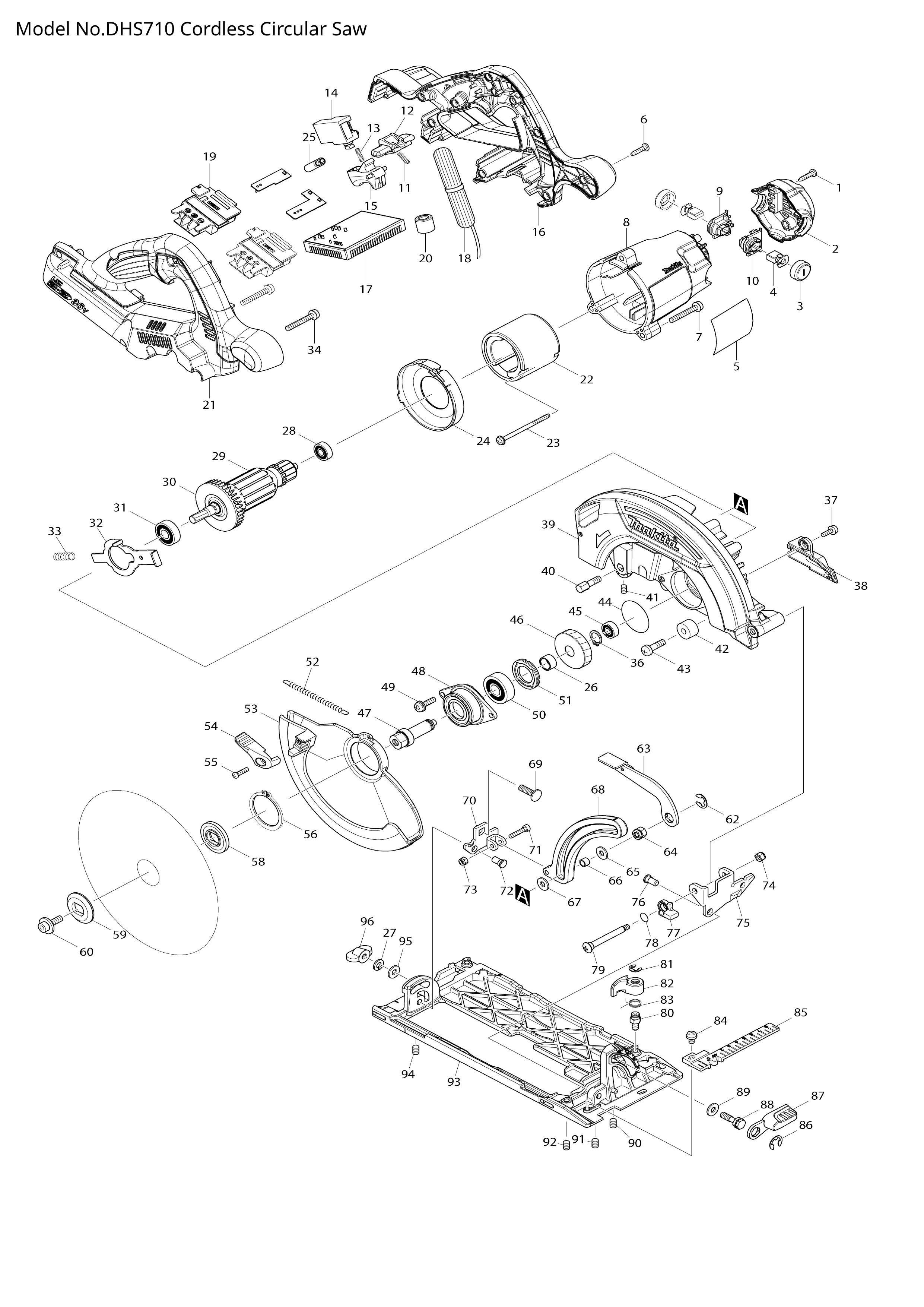 Makita DHS710 — сборочный чертёж, лист 1, деталь 620827-8 поз. 017-2