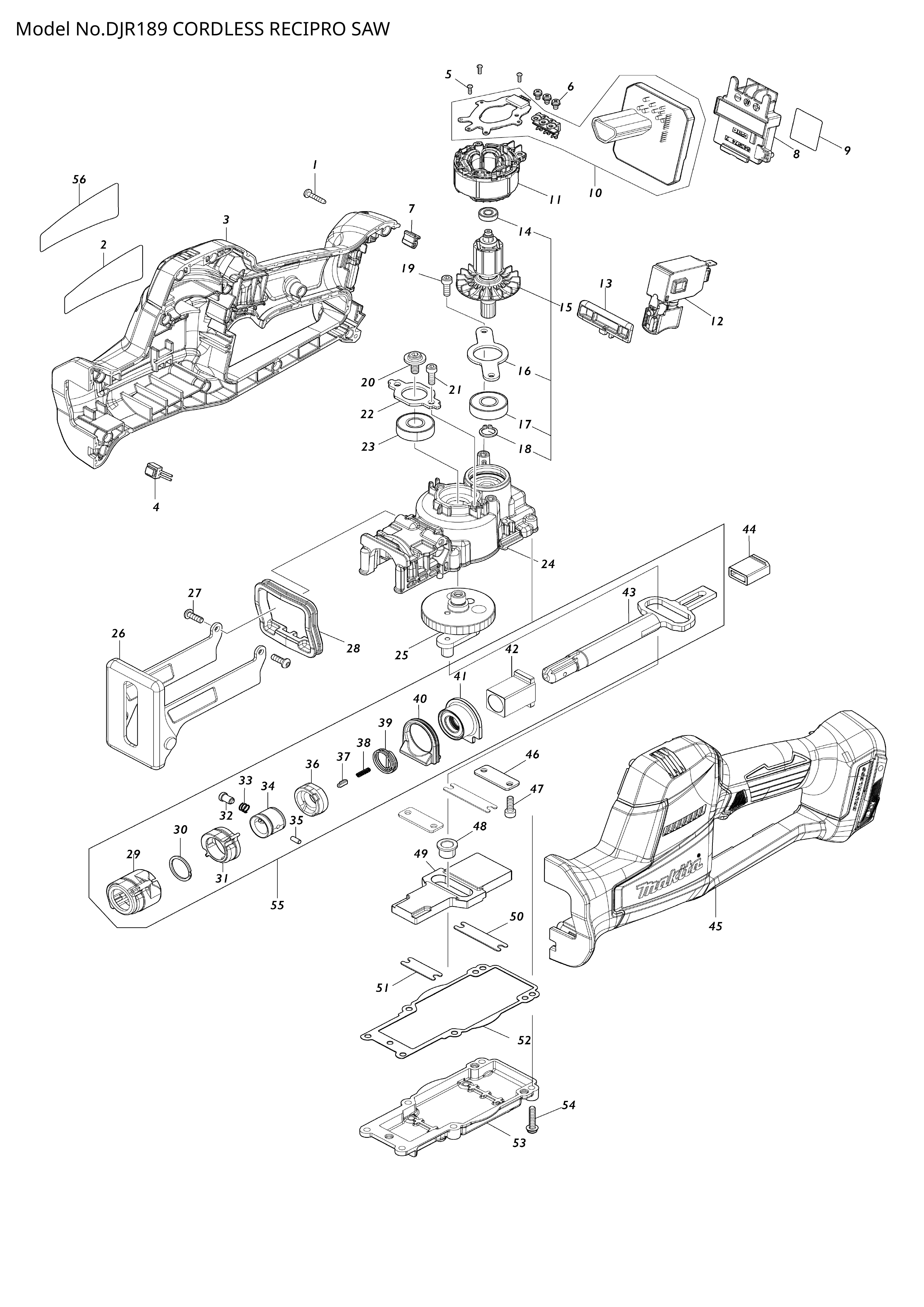 Makita DJR189 — сборочный чертёж, лист 1, деталь 183W50-9 поз. 003