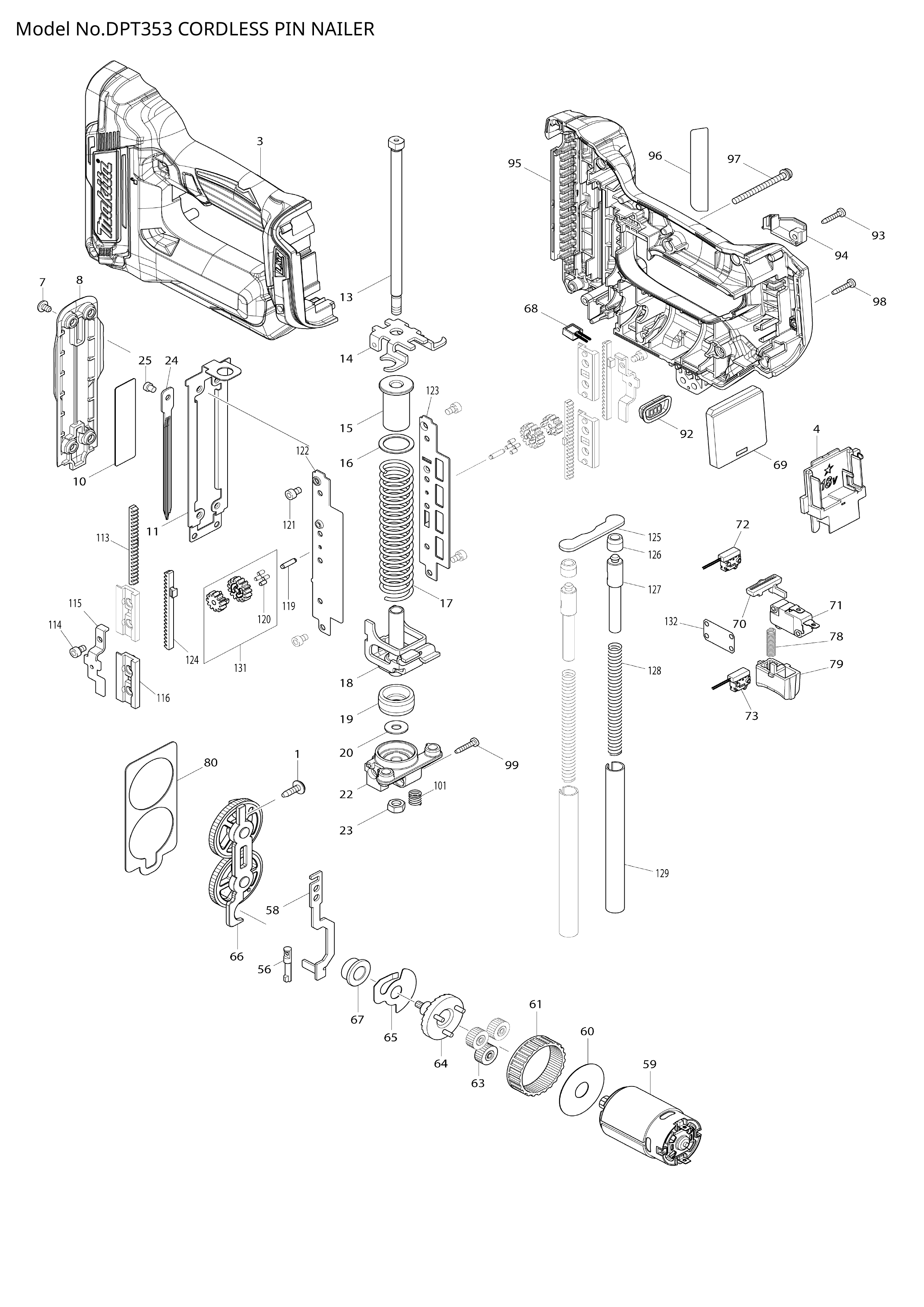 Makita DPT353 — сборочный чертёж, лист 1, деталь 319981-0 поз. 022-1