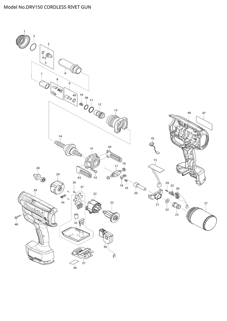 Makita DRV150 — сборочный чертёж, лист 1, деталь 140J44-9 поз. 013