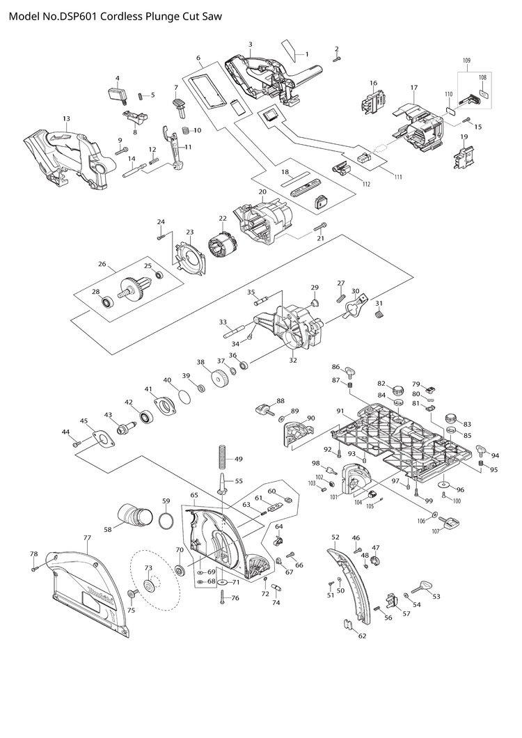 Makita DSP601 — сборочный чертёж, лист 1, деталь 620753-1 поз. 111
