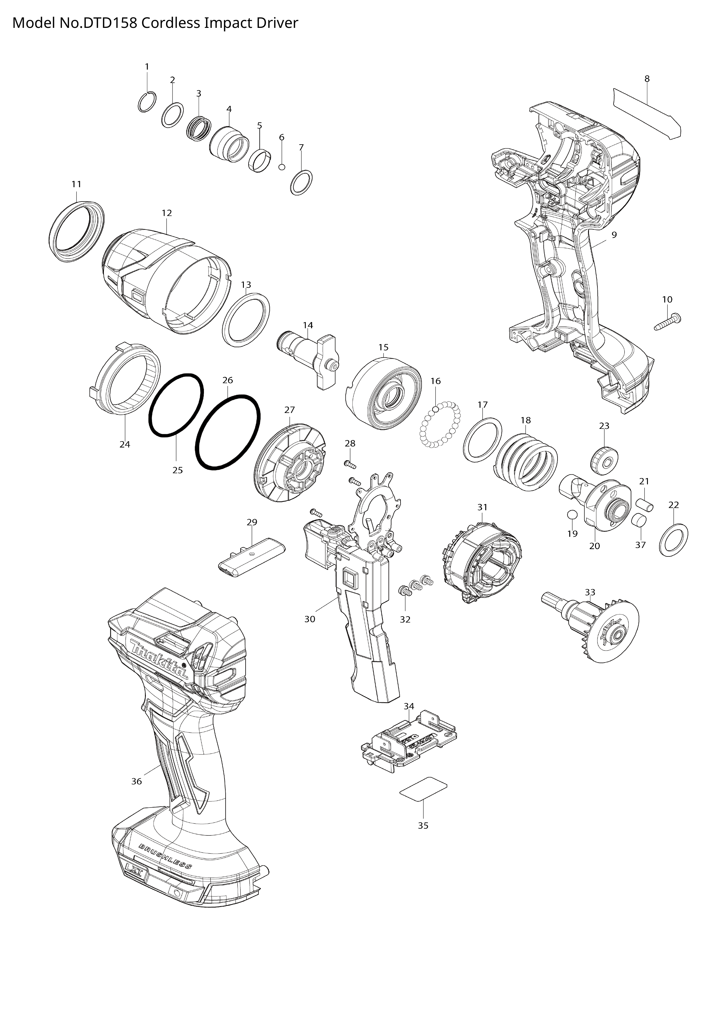 Makita DTD158 — сборочный чертёж, лист 1, деталь 261168-9 поз. 013