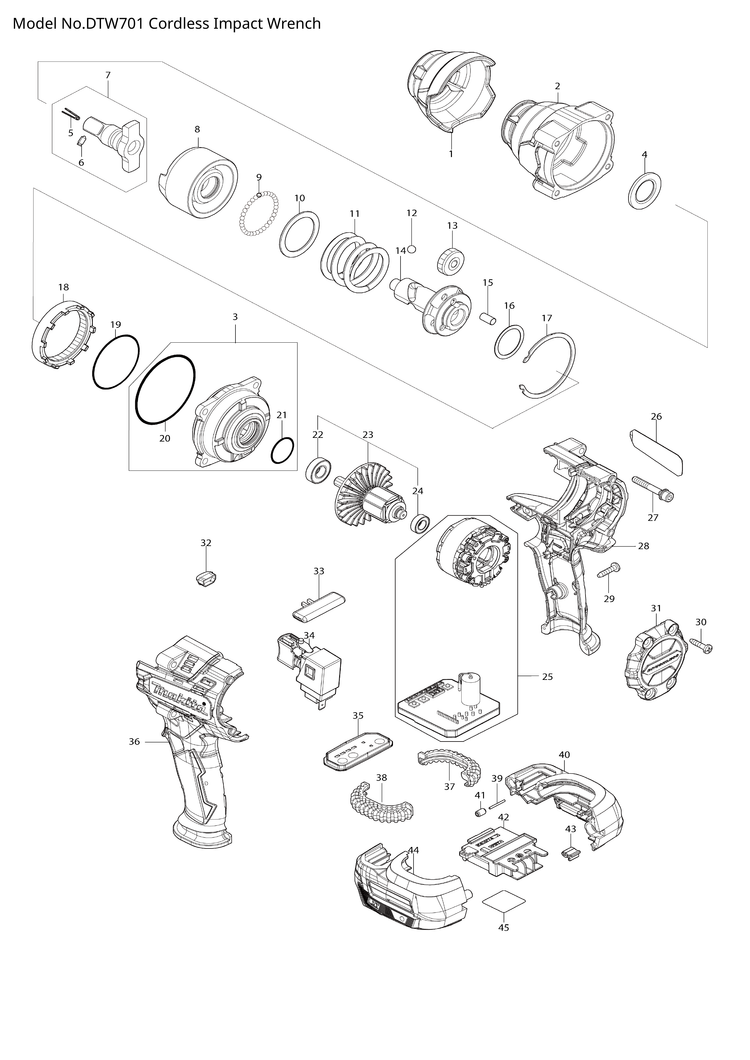 Makita DTW701 — сборочный чертёж, лист 1, деталь 136263-3 поз. 007