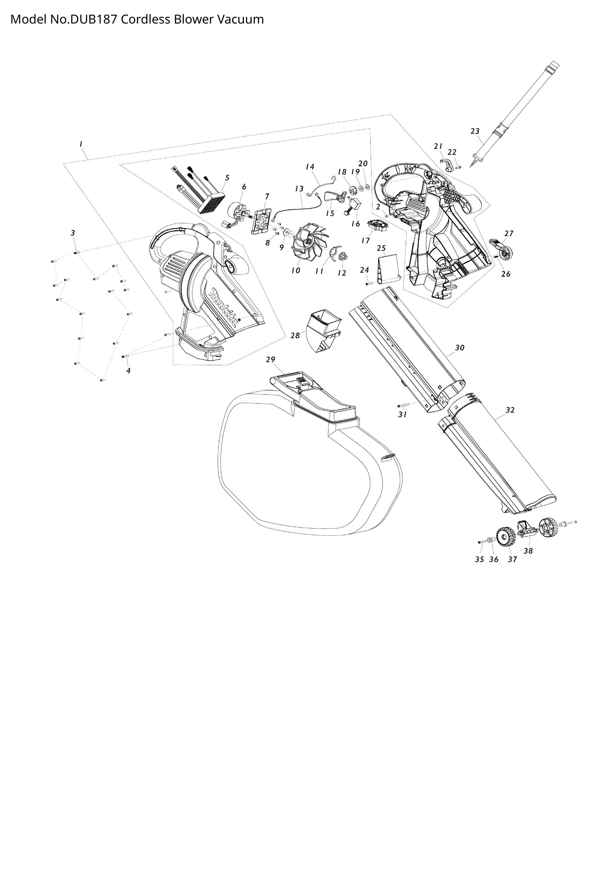 Makita DUB187 — сборочный чертёж, лист 1, деталь GB00000183 поз. 005