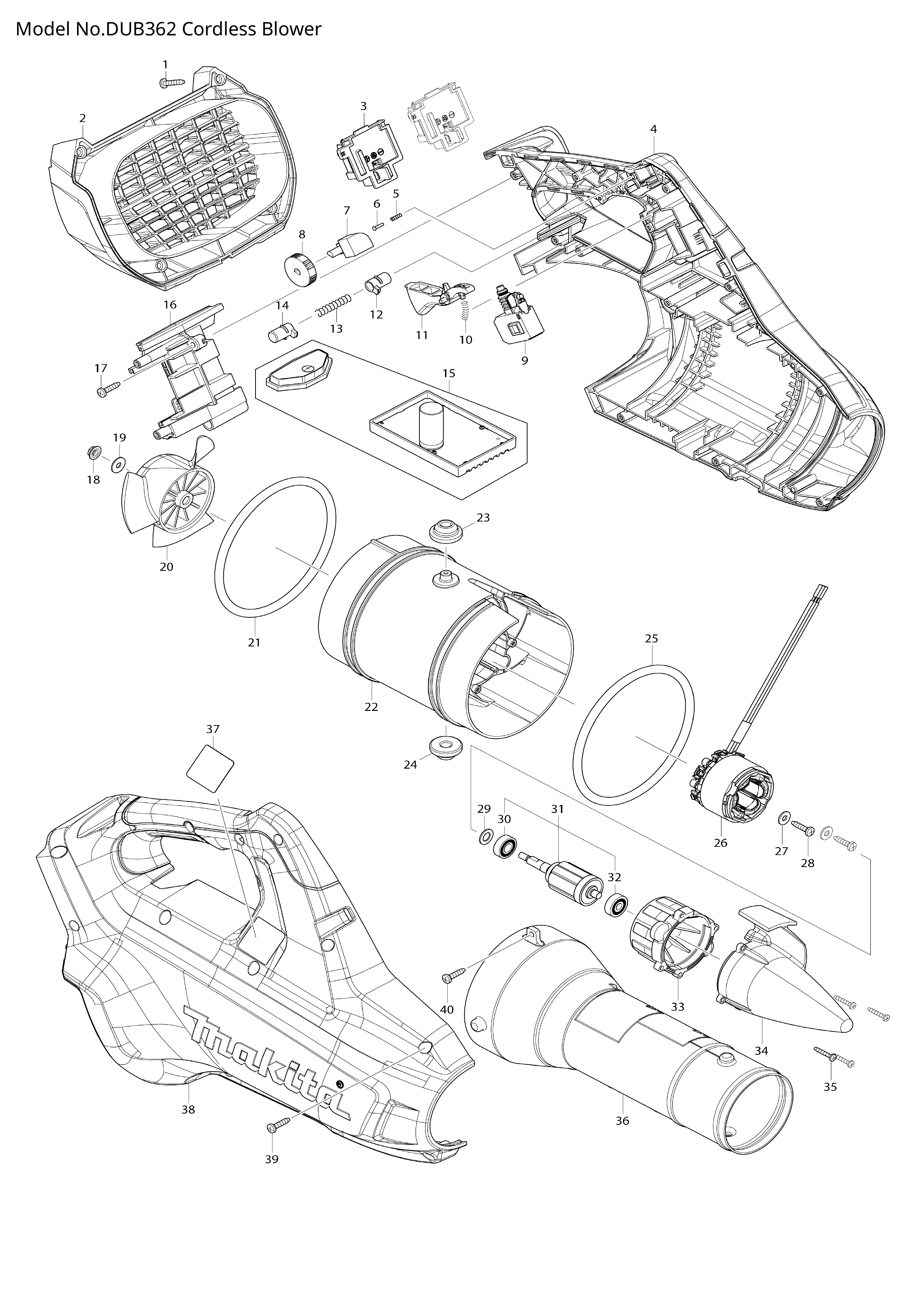 Makita DUB362 — сборочный чертёж, лист 1, деталь 141N60-8 поз. 015-1