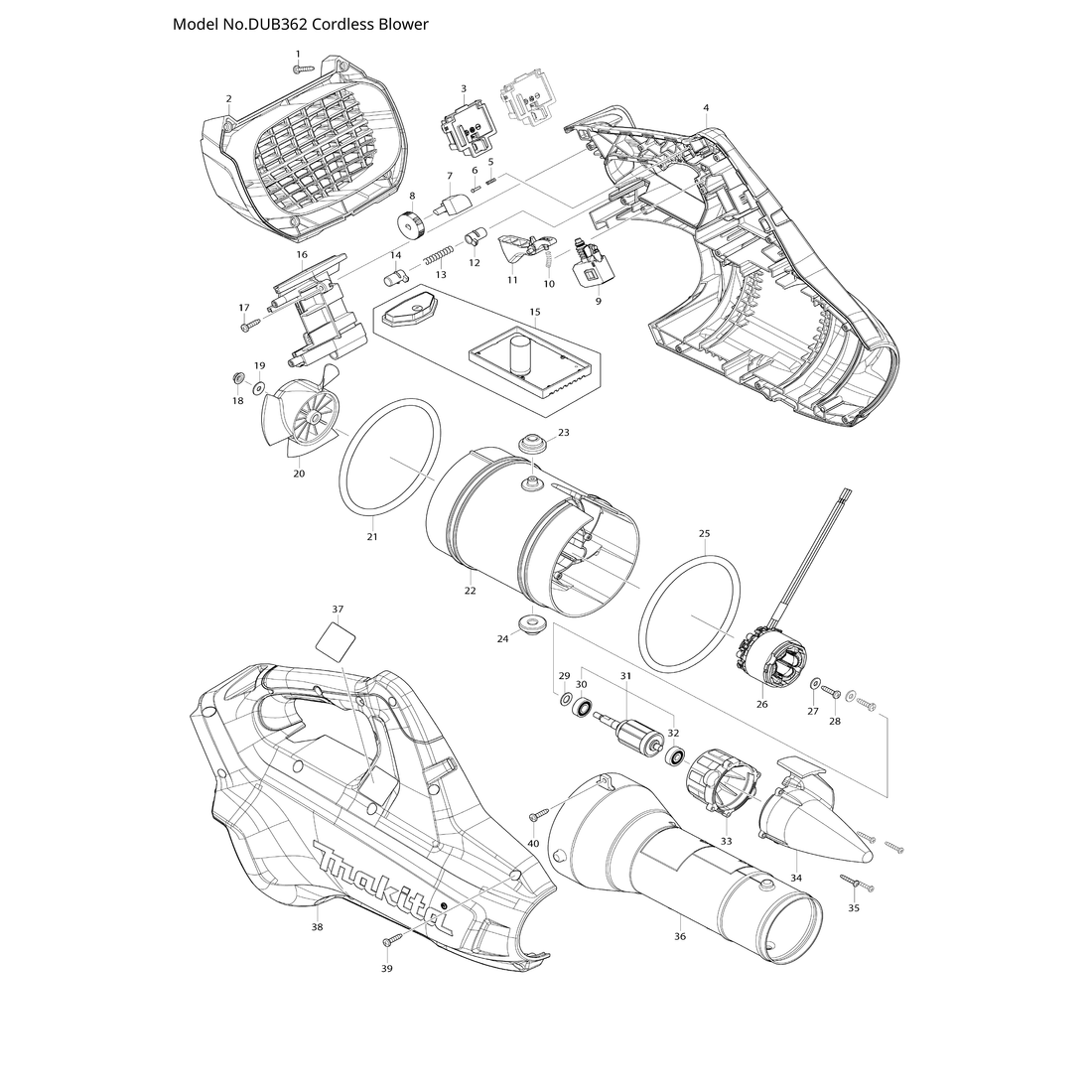 Makita DUB362 — сборочный чертёж, лист 1, деталь 141N60-8 поз. 015-1