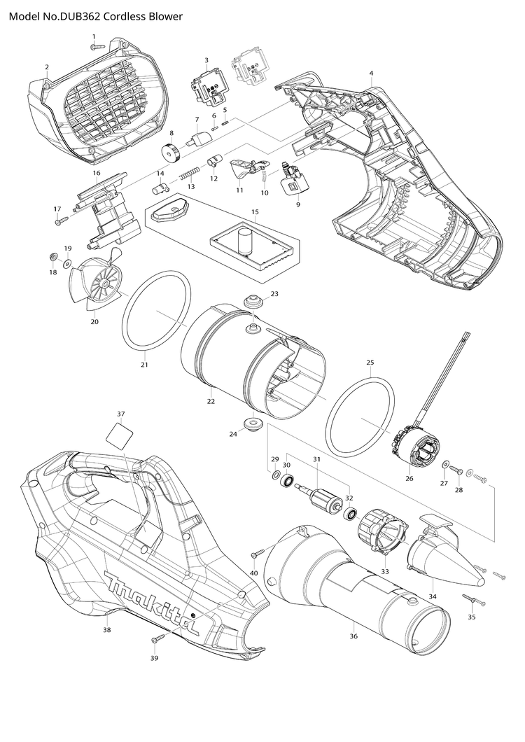 Makita DUB362 — сборочный чертёж, лист 1, деталь 141N60-8 поз. 015-1