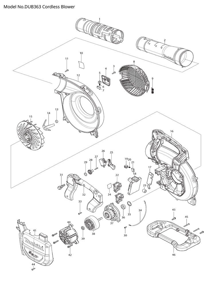 Makita DUB363 — сборочный чертёж, лист 1, деталь 183R04-6 поз. 048-1