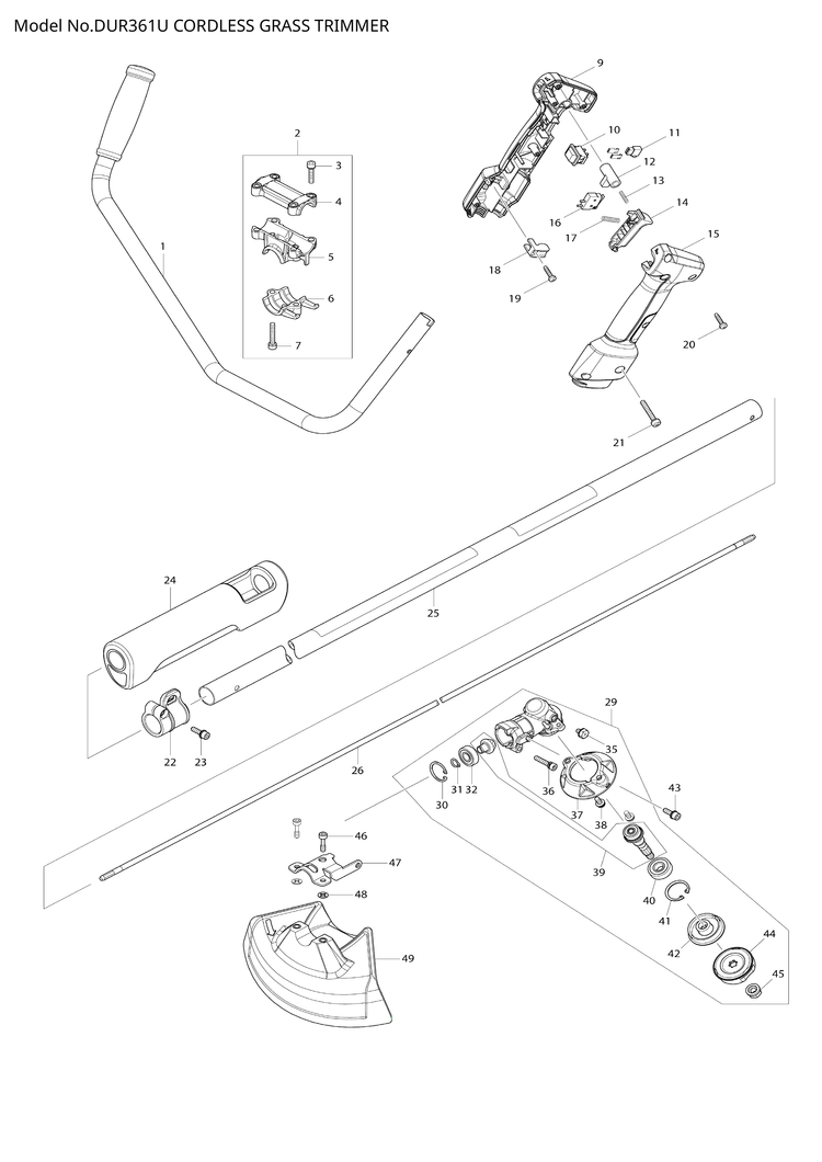 Makita DUR361U — сборочный чертёж, лист 1, деталь 142639-4 поз. 074