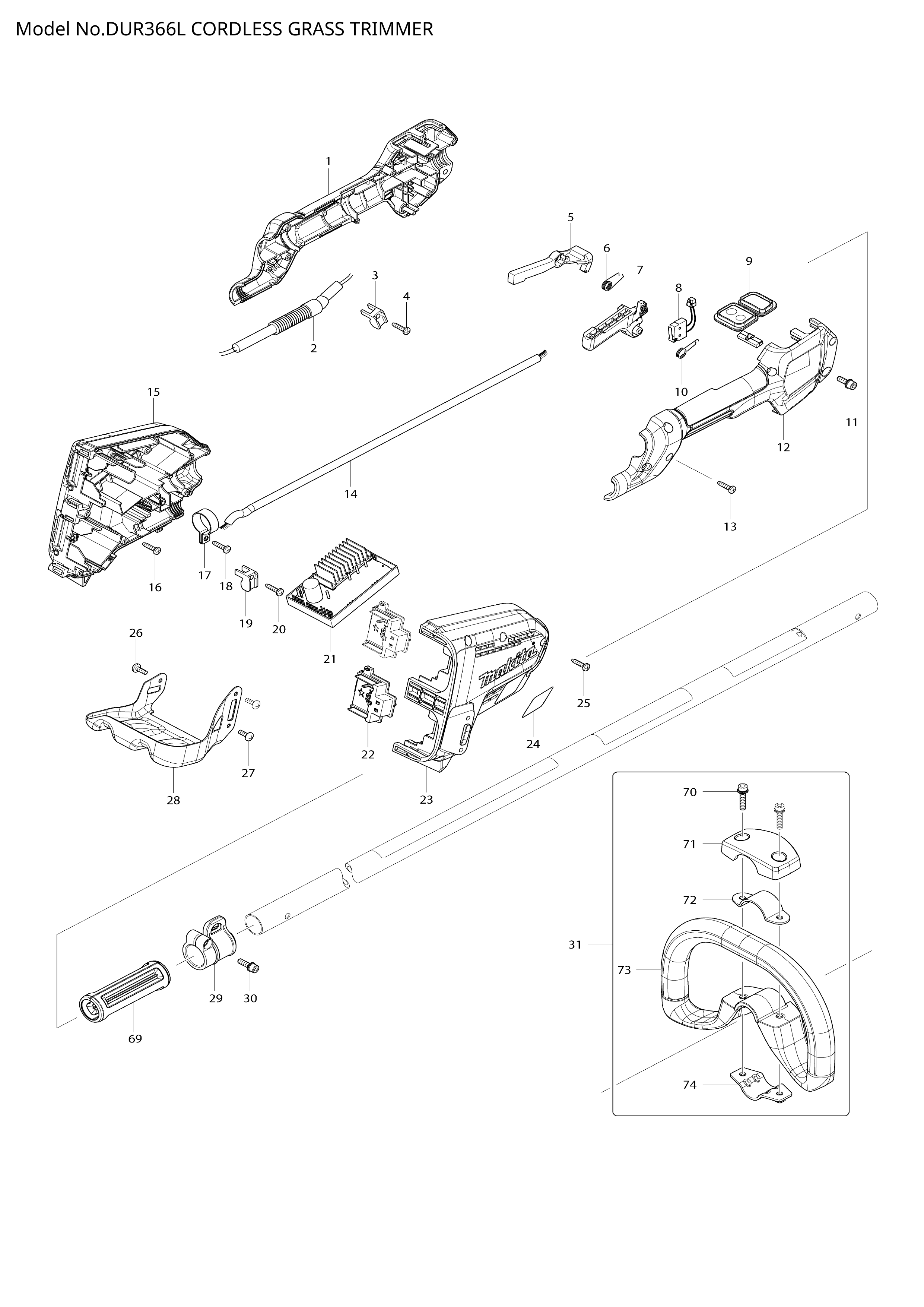Makita DUR366L — сборочный чертёж, лист 1, деталь 144369-3 поз. 021-1