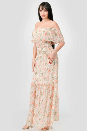 Floral Chiffon Off Shoulder Smocked Back Ruffled Tiered Maxi Dress