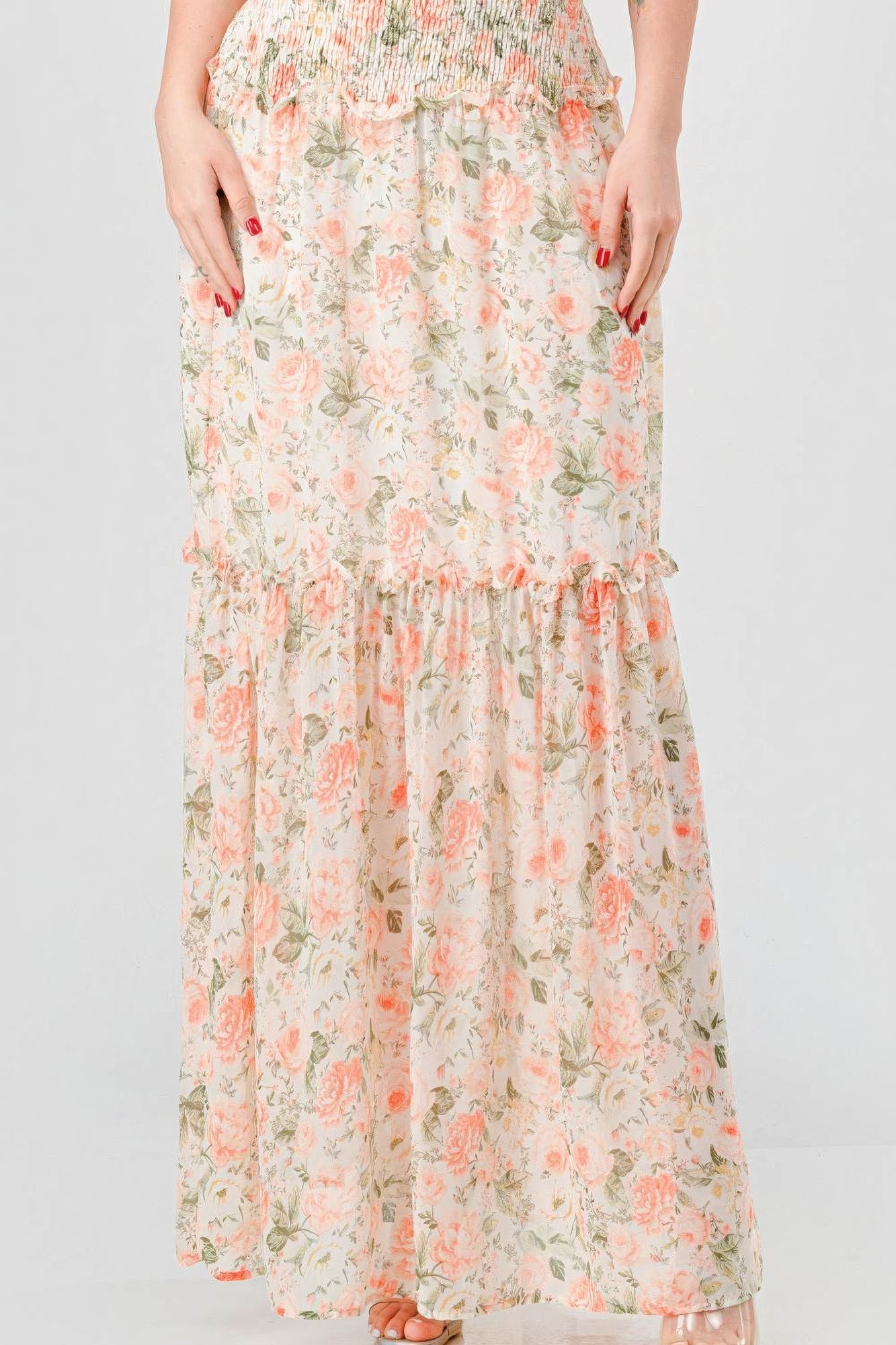 Floral Chiffon Off Shoulder Smocked Back Ruffled Tiered Maxi Dress