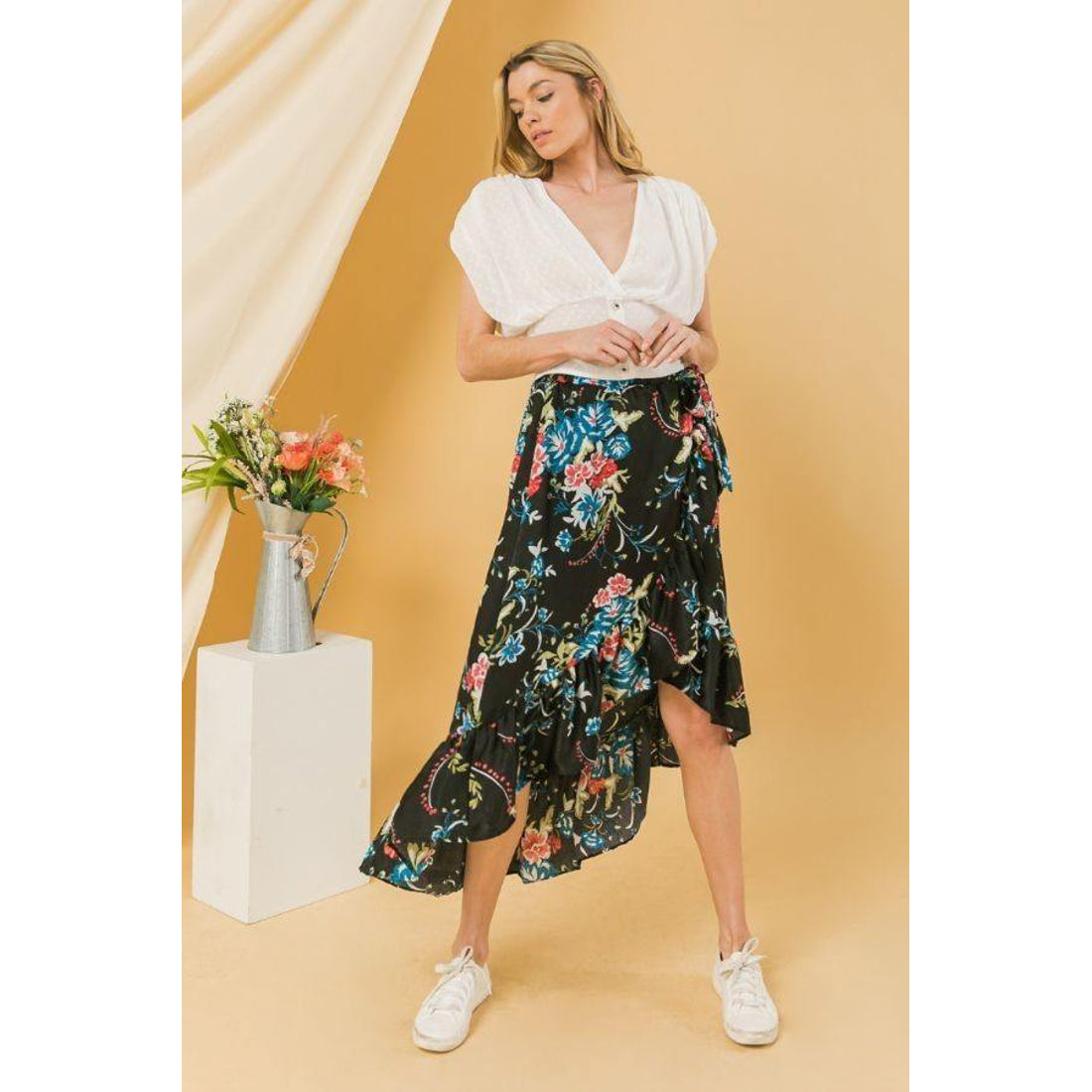 Floral Ruffle Skirt With Trim High Low.