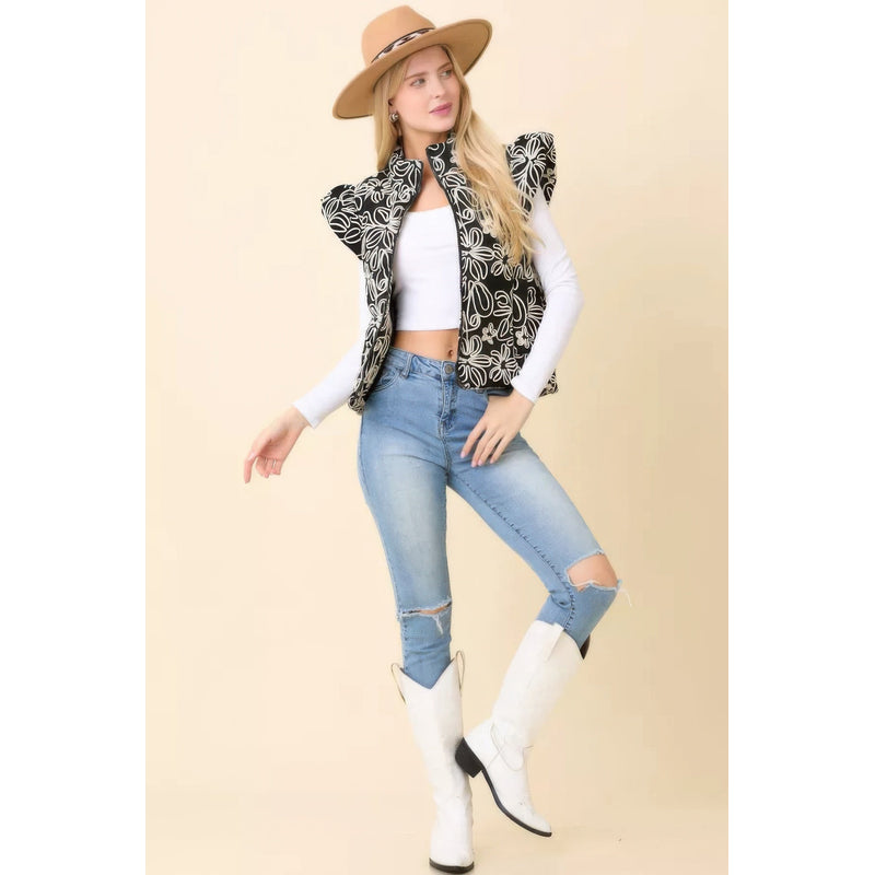 Floral Velvet Embroidered Denim Puffer Vest