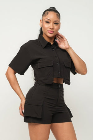 Front Button Down Side Pockets Top And Shorts Set