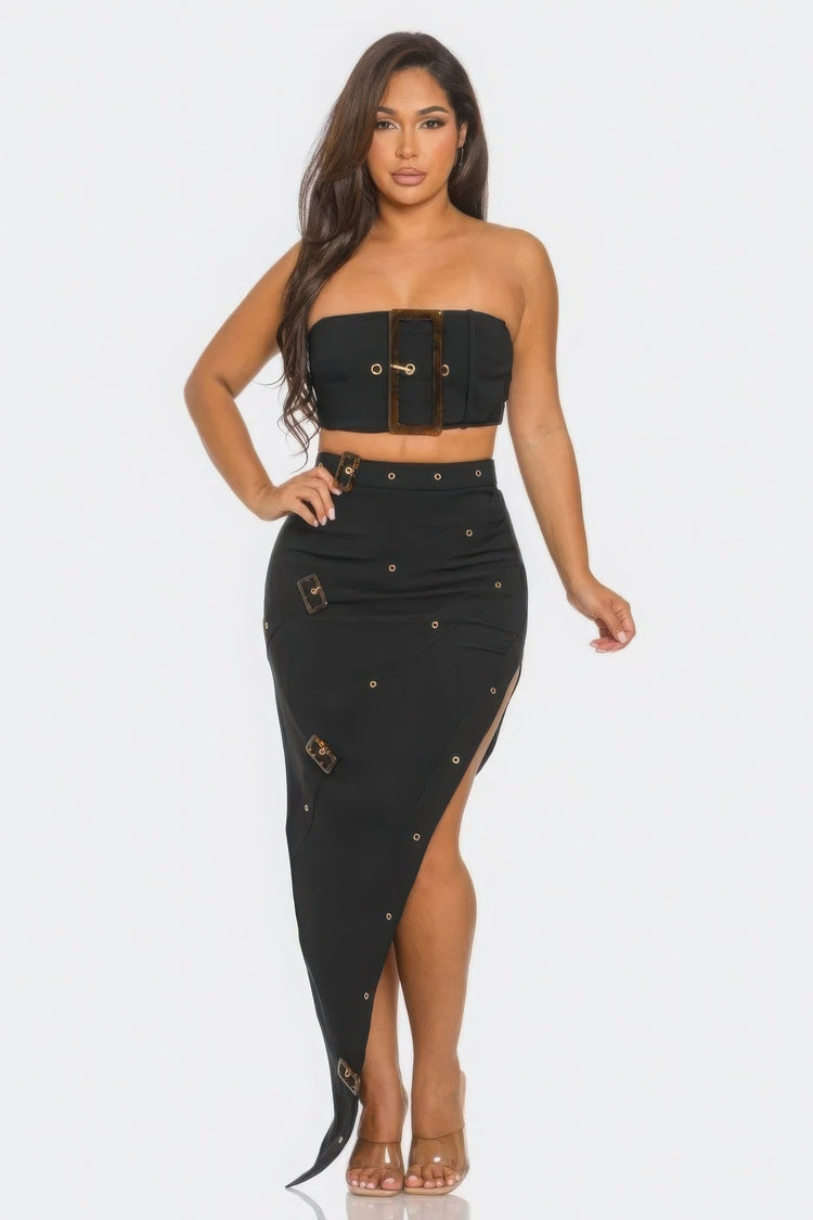 Front Eyelet Buckle Belt Top And Skirt Set