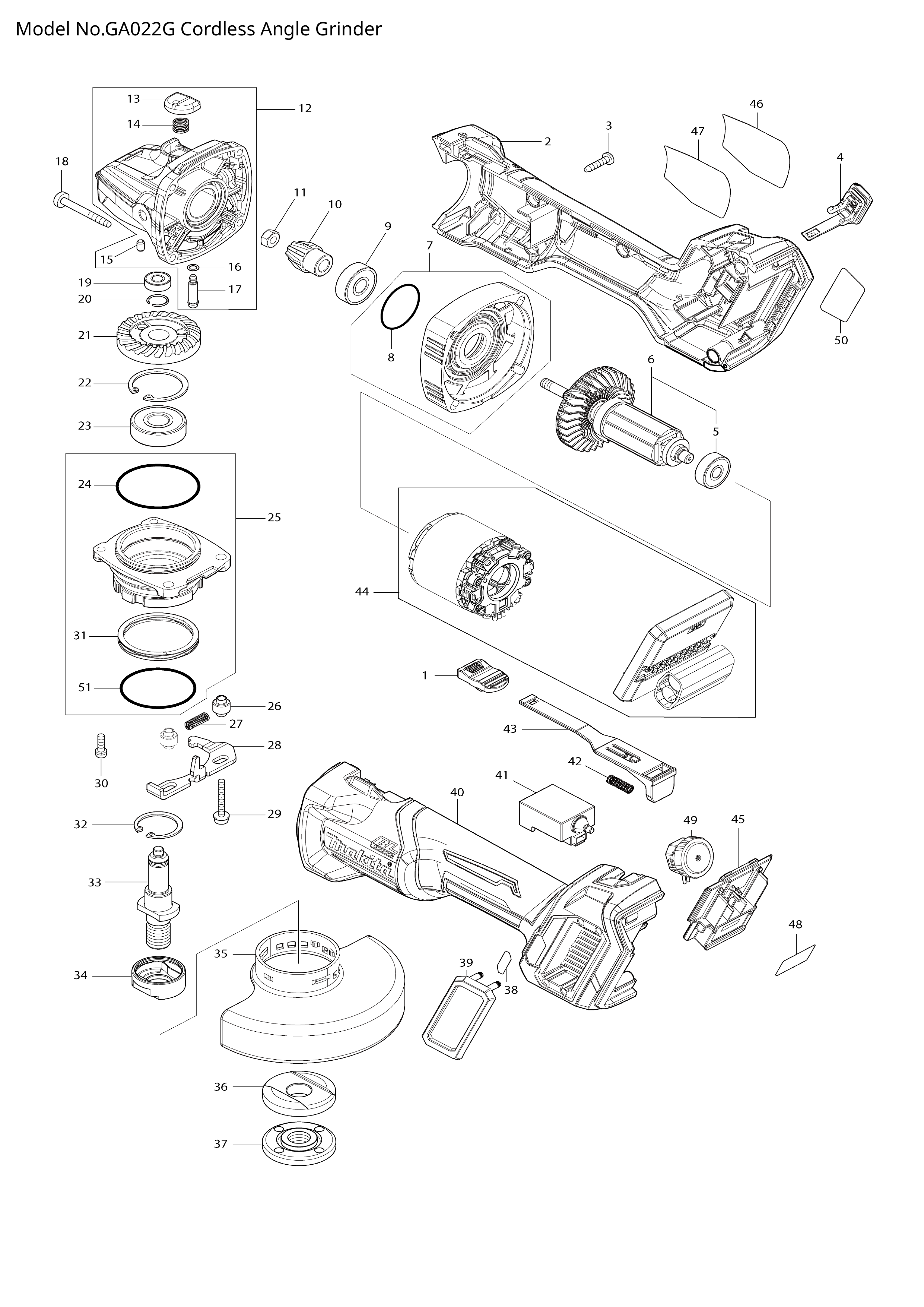 Makita GA022G — сборочный чертёж, лист 1, деталь 183P76-9 поз. 002