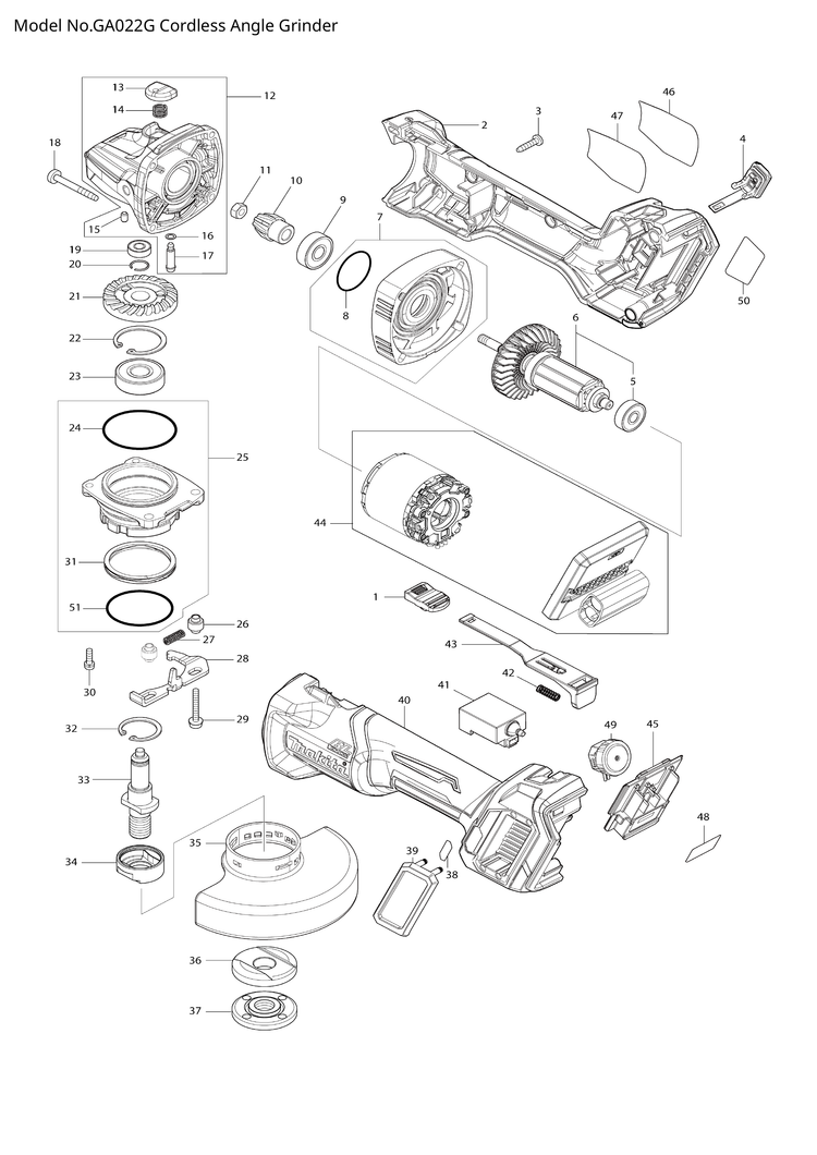 Makita GA022G — сборочный чертёж, лист 1, деталь 183P76-9 поз. 002